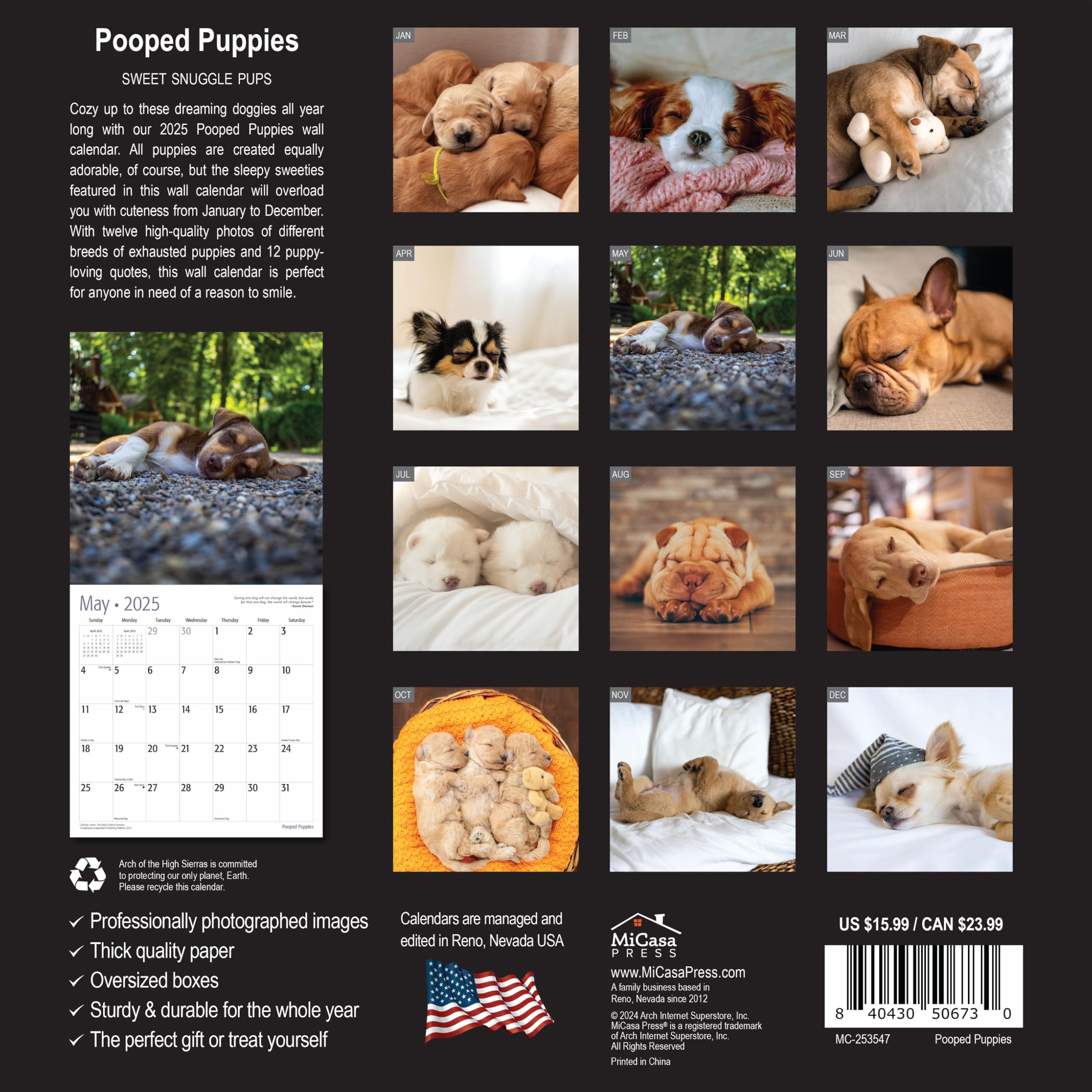MICASA Pooped Puppies 2025 Wall Calendar - 12 Month Dog Lover Calendar (12