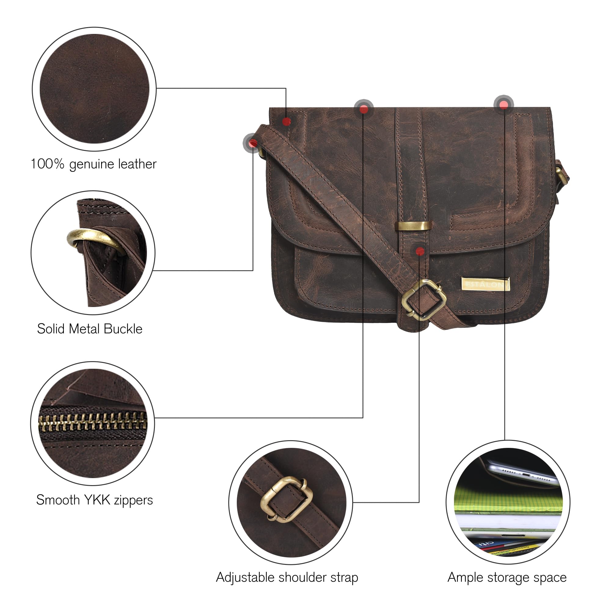 ESTALON Genuine Leather Crossbody Purse for Women - Medium Size Shoulder Bag - Fashionable Ladies Handbag for Work, Travel & Everyday Use