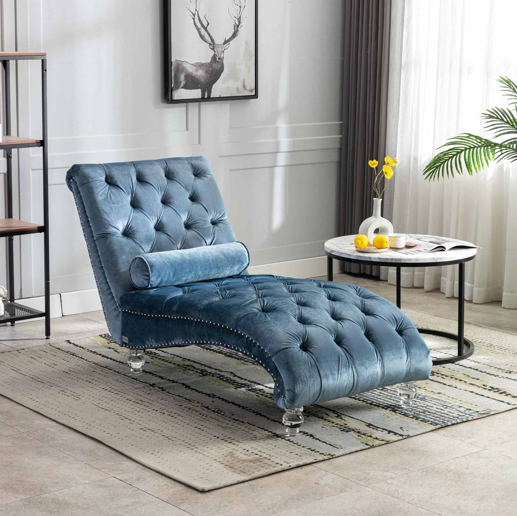Tufted Velvet Chaise Lounge Chair for Living Room & Bedroom - Upholstered Sofa with Waist Pillow & Acrylic Feet - Curved Cushion Fabric Sleeper Chair (Light Blue) - Perfect for Relaxing, Reading & Small Space Decor