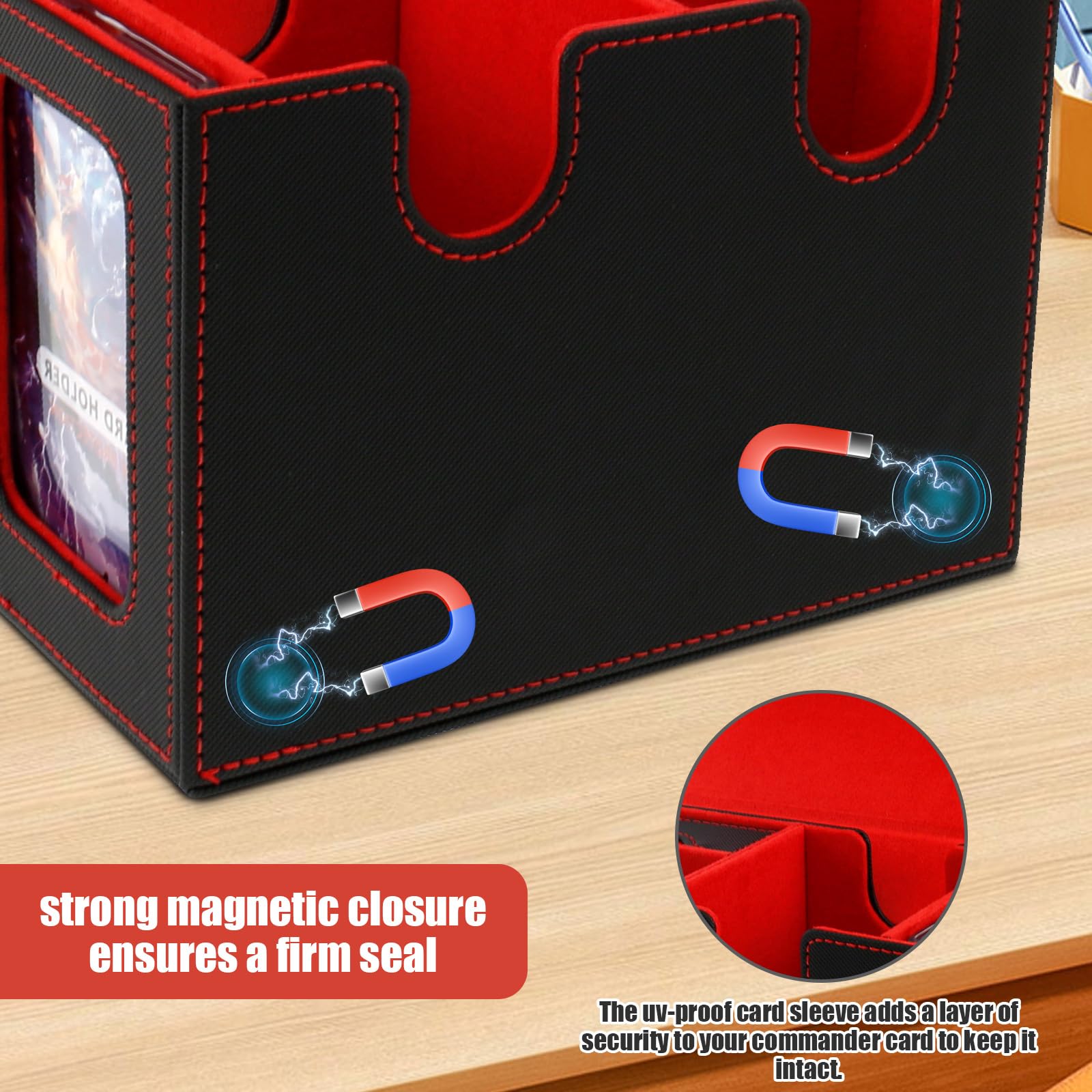 KTZCTPCA MTG Card Deck Box with Display Window - Holds 160+ Single-Sleeved Trading Cards, PU Leather Storage Box for Commander/TCG/CCG/Sports Cards (Red) - Perfect for Game Nights, Collectors & Card Protection
