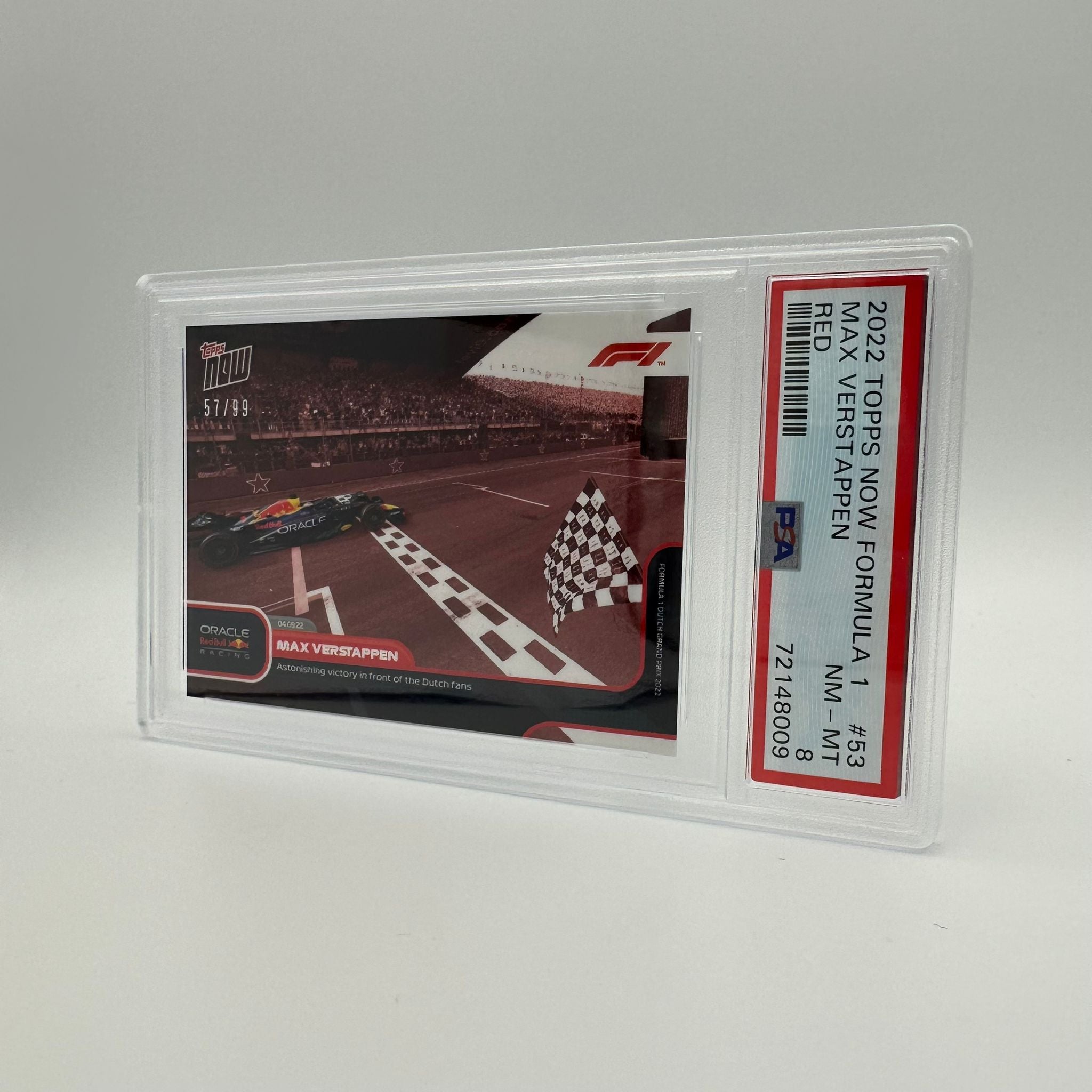 PSA 8 Graded 57/99 Max Verstappen Racing Card - Limited Edition Collectible with Dutch Grand Prix Finish Scene | Perfect for F1 Memorabilia Collections and Motorsport Fans Display