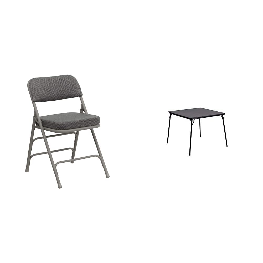 Flash Furniture Hercules Series 2-Pack Gray Fabric Metal Folding Chairs with Black Card Table - Premium Curved Triple-Braced & Double-Hinged Design for Home, Office, Parties, and Events