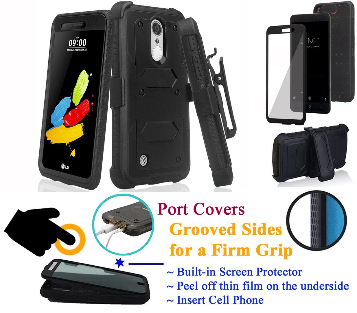 LG Risio 3 Fortune 2 2018 K8+ Plus Case - 360° Rotating Screen Protector, Shockproof Bumper Armor, Kickstand & Holster Clip, Durable Grip for Everyday Use, Travel & Outdoor Activities (Black)