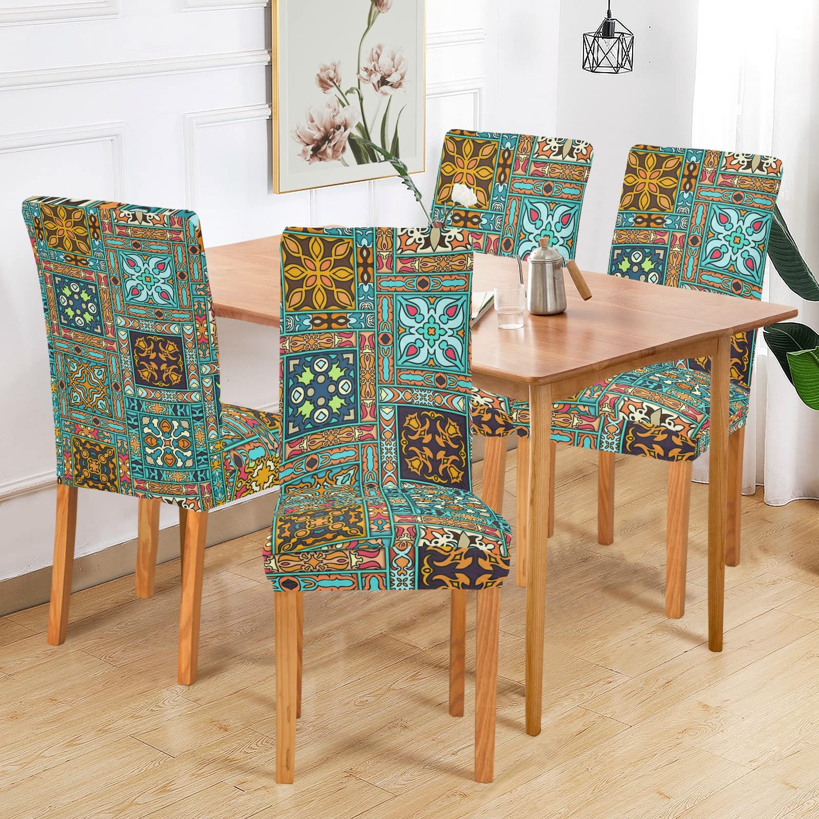 Floral Mandala Dining Chair Covers Set of 2 - Washable & Stretchable Slipcovers for Dining Chairs - Perfect for Dining Room, Wedding Ceremony, Holiday Party & Office Decor