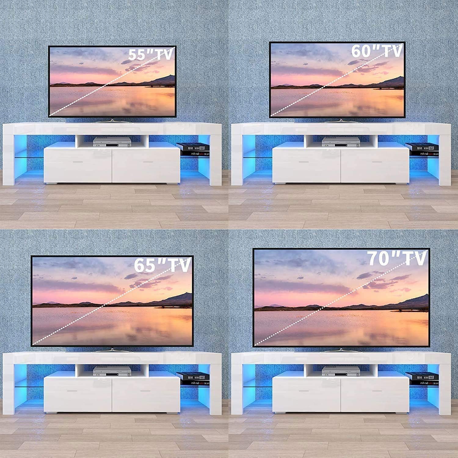 Modern TV Stand for 65 Inch TVs - Quick Assembly White LED Entertainment Center with 2 Drawers, Sturdy Living Room TV Console Table | Perfect for Home Theater Setup & Living Room Organization