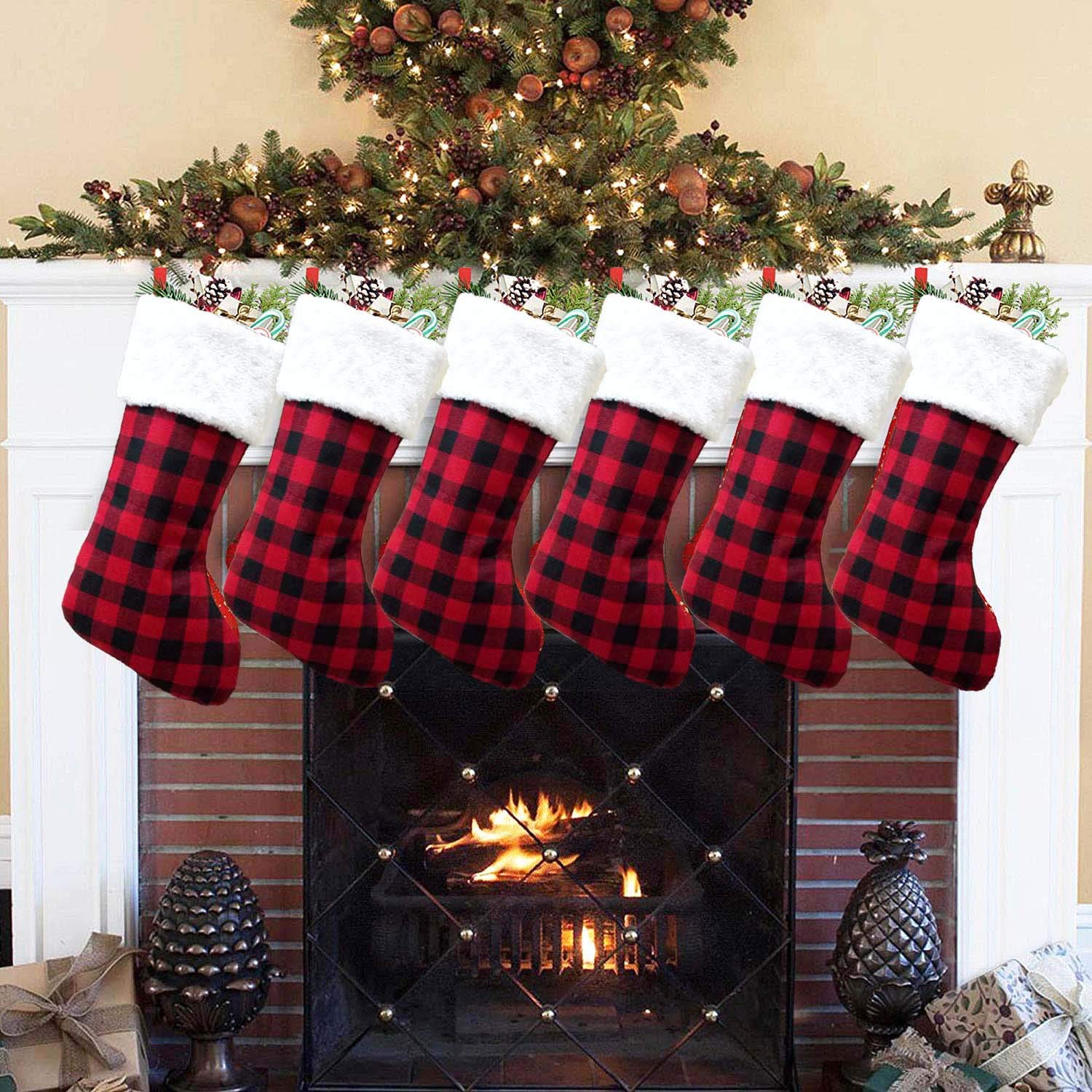 16.5 Inch Buffalo Plaid Christmas Stockings Set of 3 - Soft Plush Cuff Rustic Holiday Decor for Family, Xmas Party & Fireplace Mantel (Red/Black Buffalo Plaid Pattern) - Perfect for Gift Giving, Home Decor & Christmas Tree Decoration