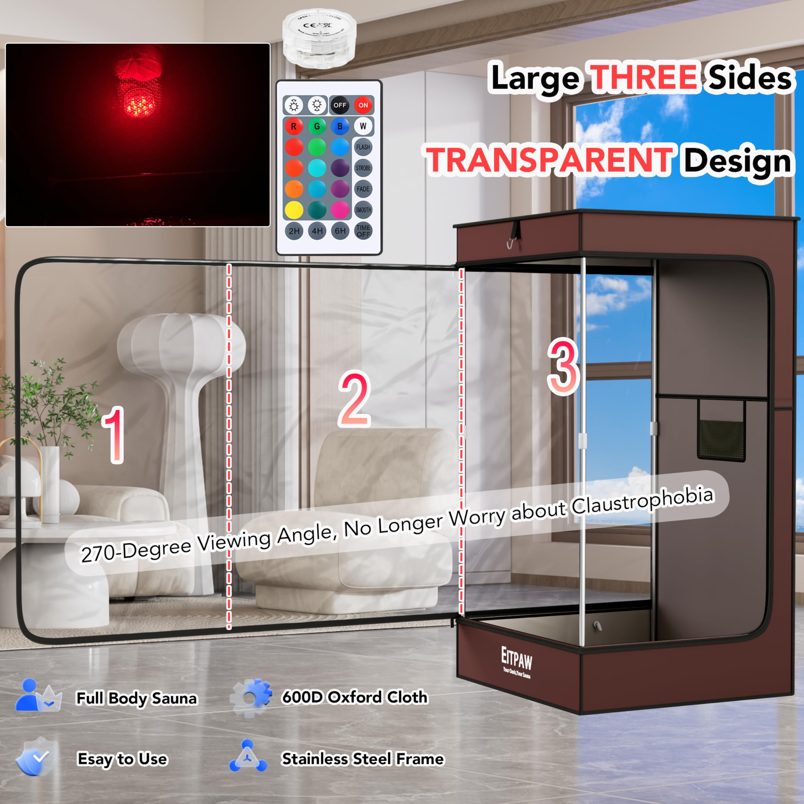 Eitpaw Portable Home Sauna Tent with RGB LED Lights, 2.6L 1000W Steam Generator & Foldable Chair - 35