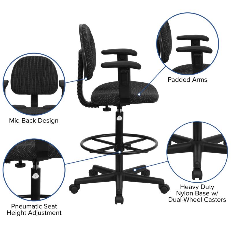 FLASH Patterned Fabric Drafting Chair BT 659 - Adjustable Height Office Chair for Artists, Architects & Designers - Ergonomic Stool for Drafting Table, Studio & Workspace