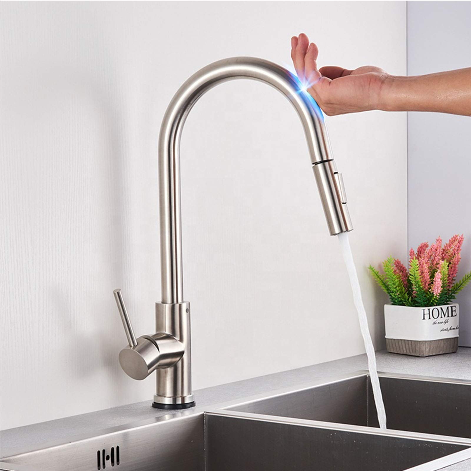 Touchless Kitchen Faucet with Pull Down Sprayer - Stainless Steel Single Handle Sink Faucet, Brushed Nickel Finish - Ideal for Modern Kitchens, Easy Cleaning & Hands-Free Operation