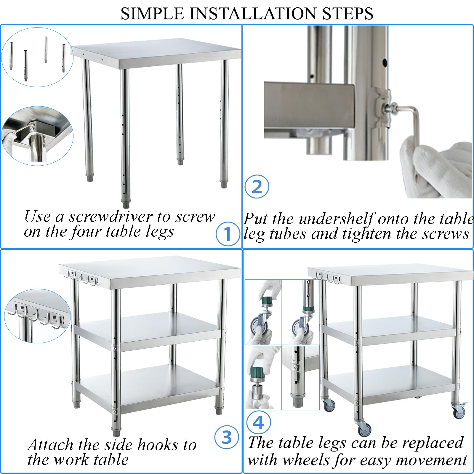 30x24 Inch 3-Stage Adjustable Stainless Steel Work Table with Wheels - Silver Commercial-Grade Kitchen Prep Table for Restaurants, Food Trucks & Home Use
