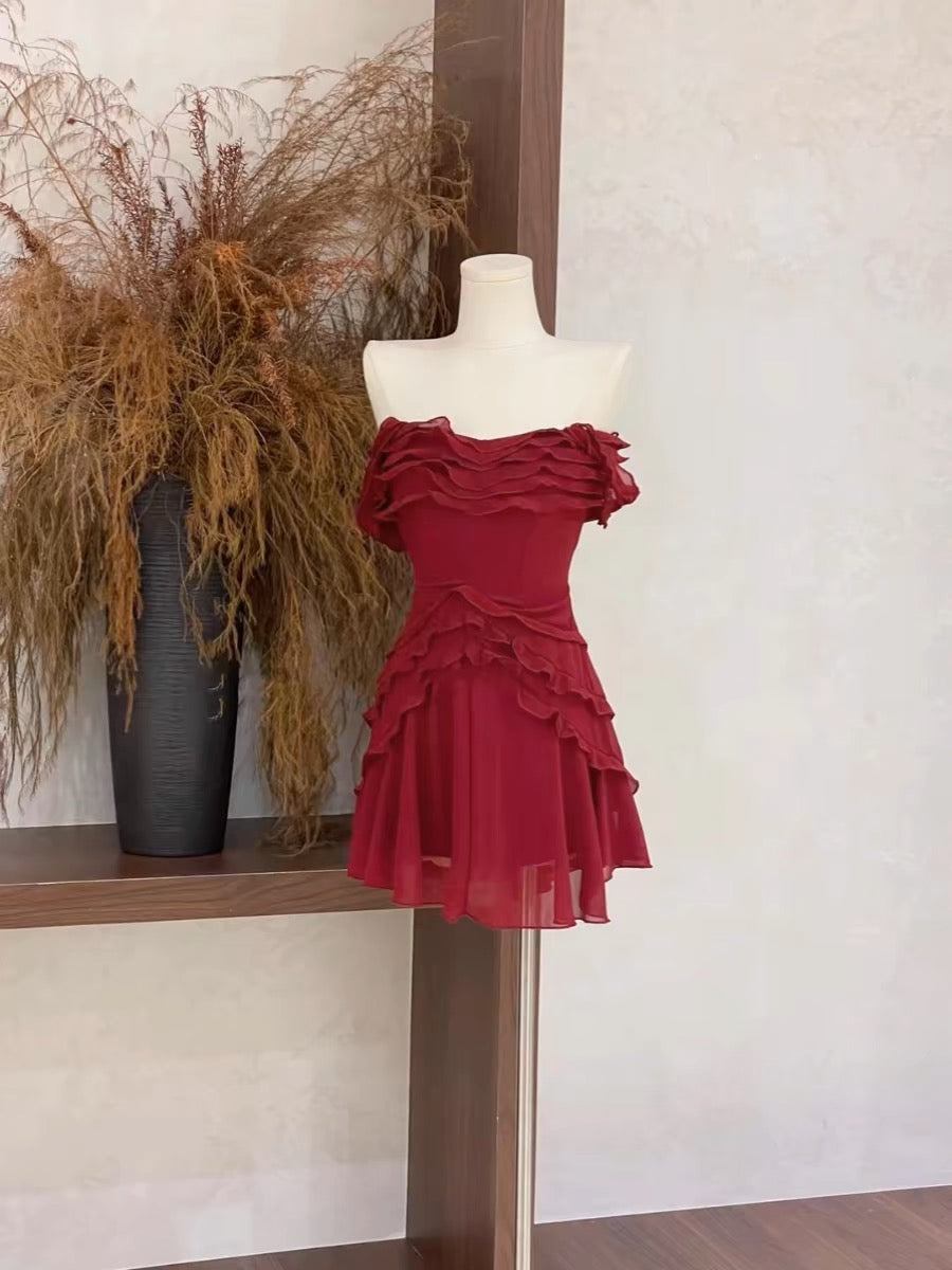 Burgundy Off Shoulder A-Line Short Prom Dress with Ruffle Details - Elegant Homecoming Dress for Teens (Style J3457) | Perfect for Parties, Dances, and Special Occasions