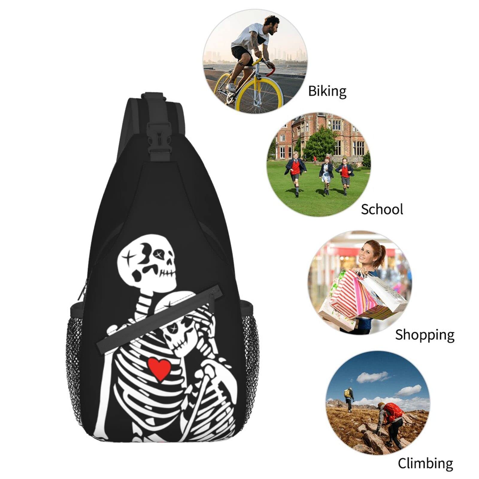 Skull Love Heart Crossbody Sling Bag for Women & Men - Lightweight Chest Shoulder Backpack for Hiking, Travel, Cycling & Outdoor Activities - Small Casual Daypack with Adjustable Strap