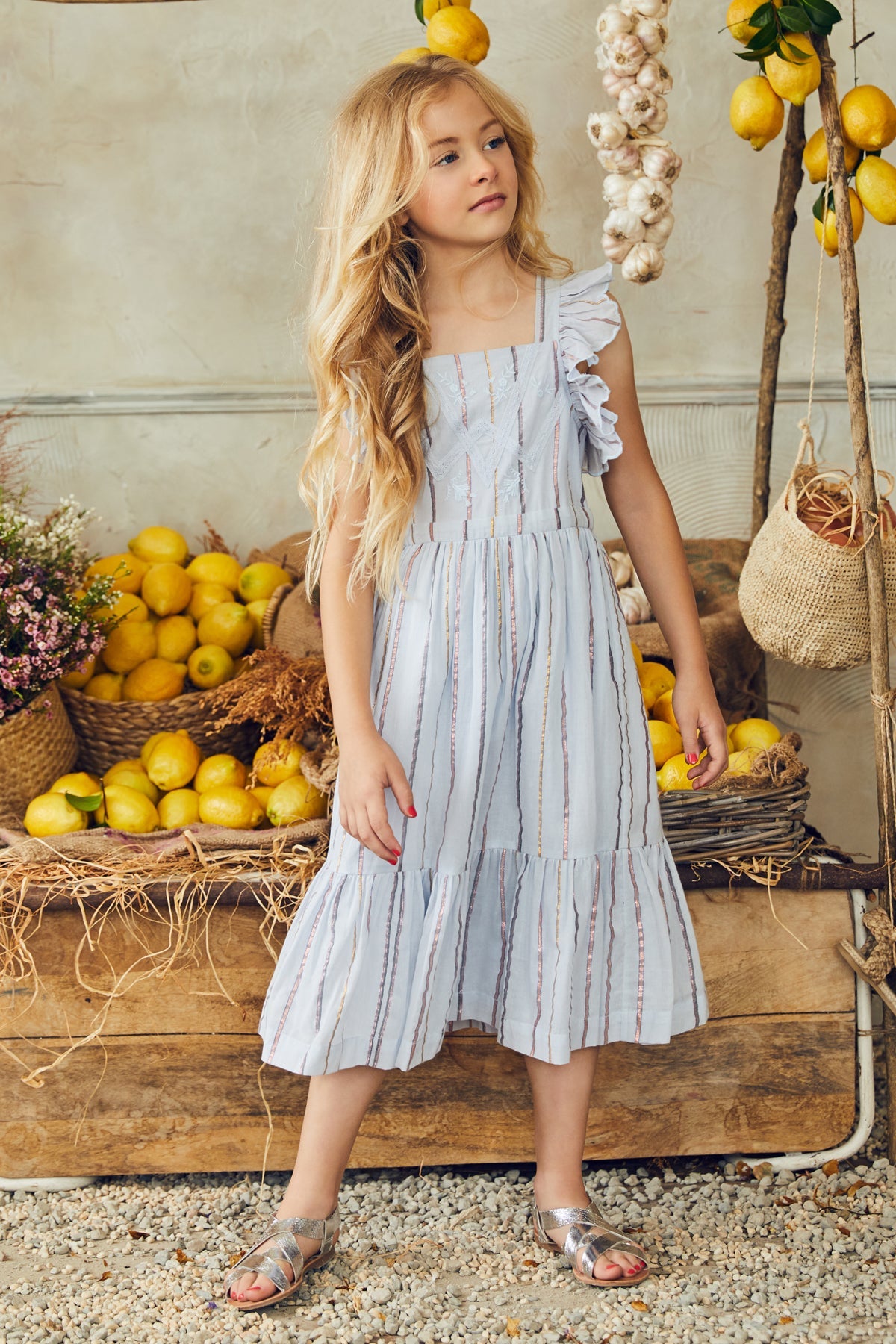 Nellystella Elina Girls' Blue Lurex Stripe Dress - Size 3 | Stylish Party & Special Occasion Outfit for Toddlers