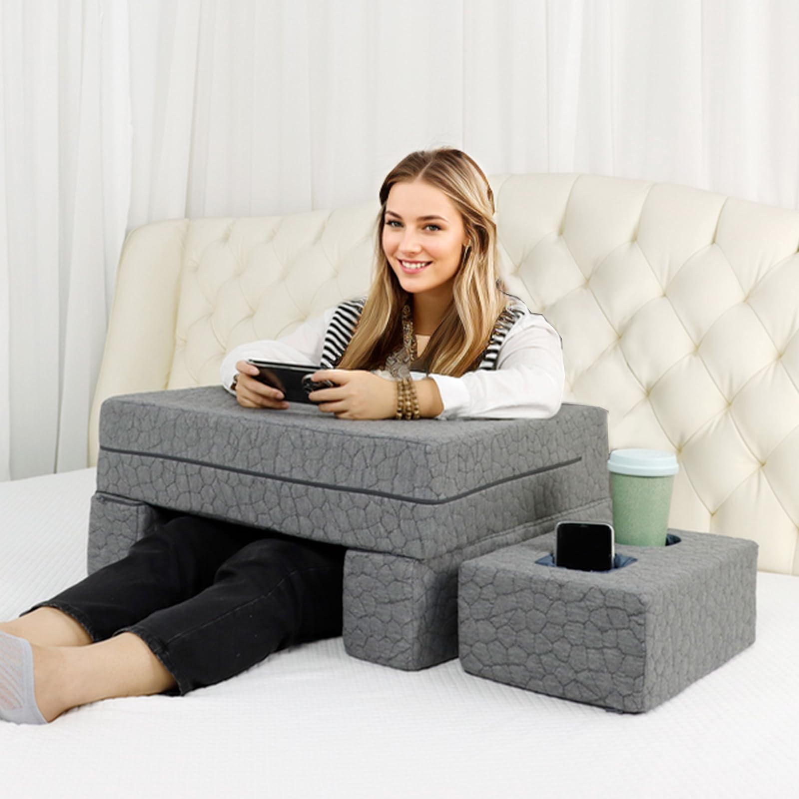 **Bespilow Extra Large Reading & Gaming Pillow with Cup Holder - Adjustable Lap Desk for Work, Study & Play, Comfortable Armrest Support for Adults on Bed, Sofa, Floor, or Couch - Perfect for Nintendo Switch, Laptops & Relaxation**    *(Use Cases: Ideal for gaming sessions, remote work, reading books, watching movies, or lounging comfortably at home.)*