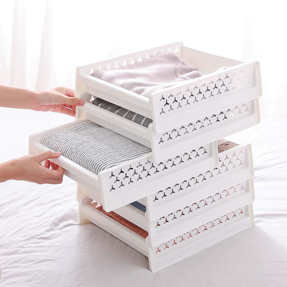 HOUTBY 2-Pack Stackable Plastic Closet Drawer Organizer - White Clothes Storage Box, Wardrobe Shelf Cube Divider for Bedroom, Office & Kids Room Organization - Small/Gray