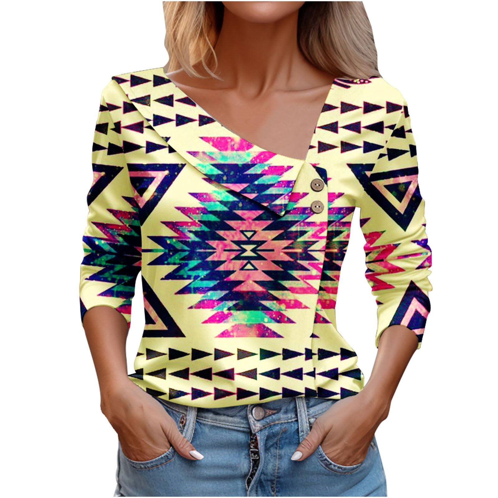 Trendy 2024 Women's Loose 3/4 Sleeve V-Neck Lapel Print Tops - Cute Spring Blouses for Going Out & Casual Wear | Perfect for Date Nights, Office Outfits & Weekend Brunch