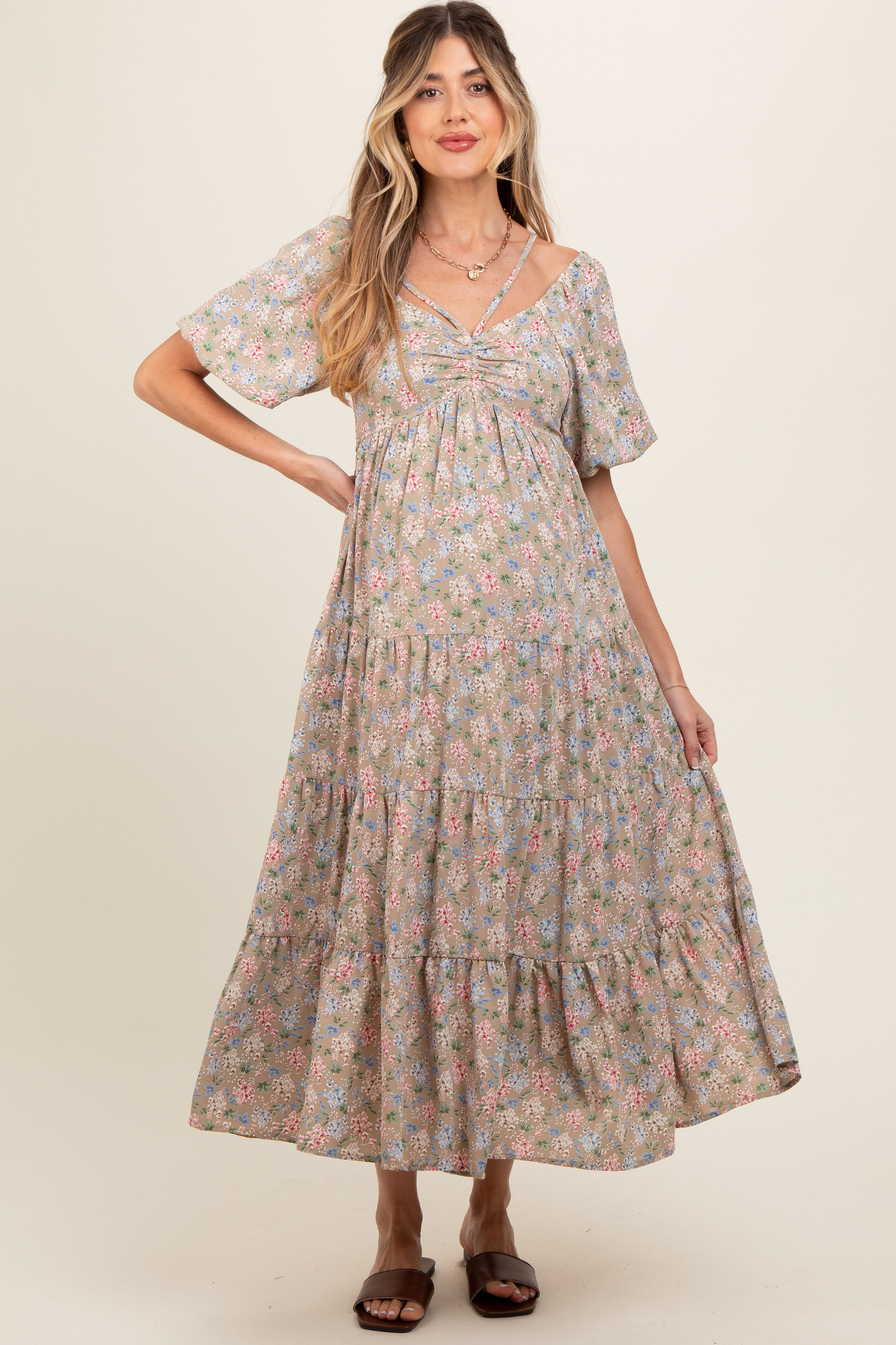 Beige Floral Ruched Strappy V-Neck Maternity Dress with Puff Short Sleeves - Perfect for Baby Showers, Maternity Photos & Summer Pregnancy Outfits