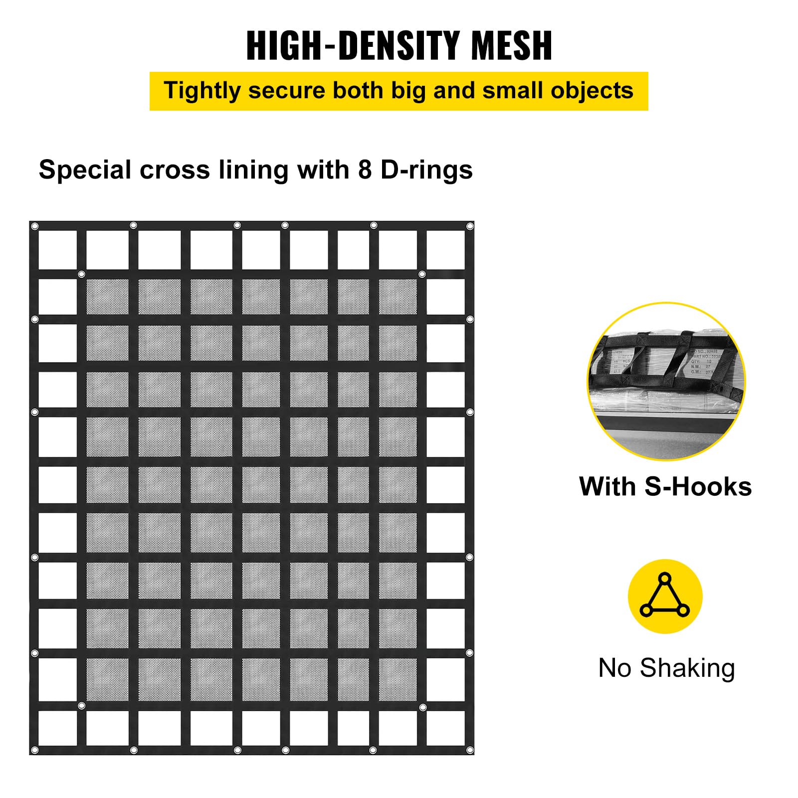 VEVOR Heavy Duty 8' x 6.7' Cargo Net with Reinforced Mesh - Universal Pickup Truck Bed Net with Cam Buckles, S-Hooks & Cross Strap - Secures Gear for Trucks, SUVs, Jeeps & Trailers (96