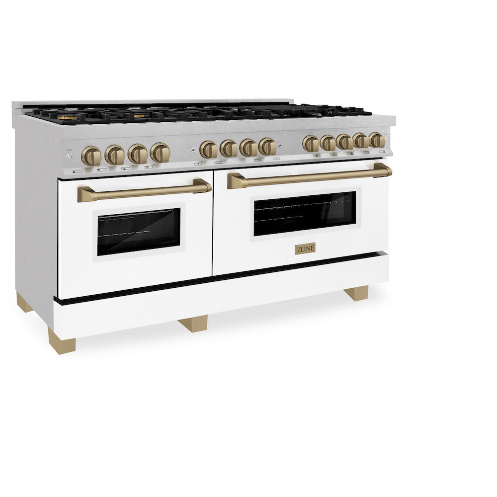 ZLINE Autograph Edition 60-Inch Dual Fuel Range - 7.4 cu.ft Capacity, 9-Burner Gas Cooktop & 2 Electric Convection Ovens - Satin Stainless Steel with White Matte Doors & Champagne Bronze Accents (RASZ WM 60 CB) - Perfect for Professional Home Chefs & Luxury Kitchen Remodels