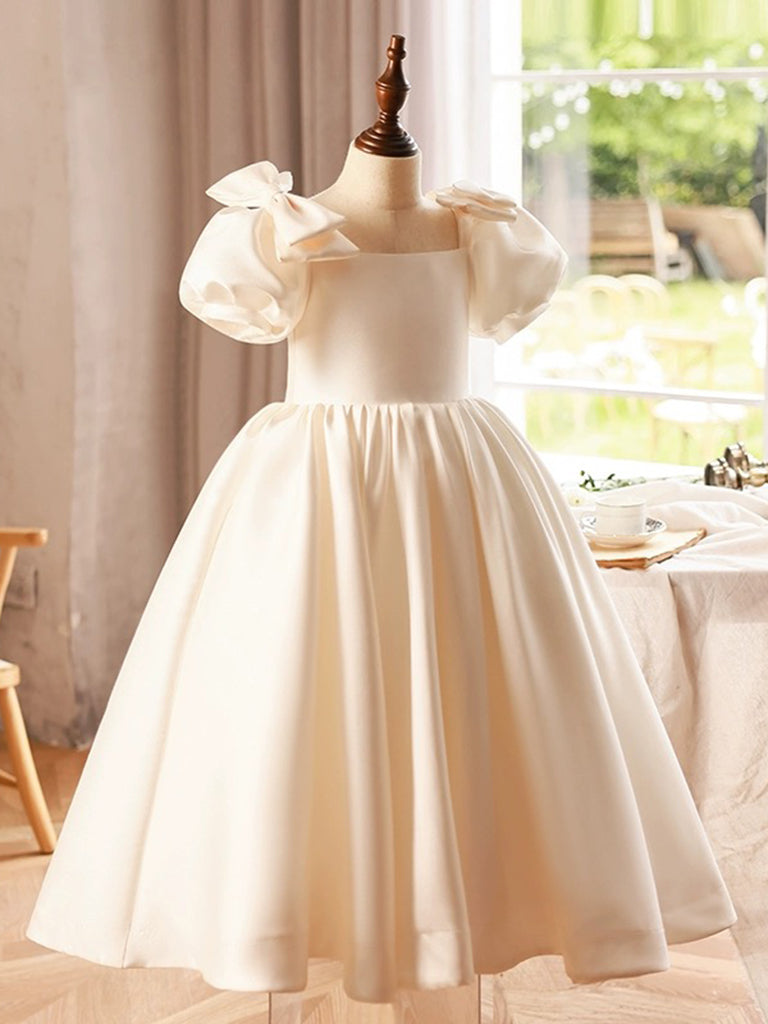 Elegant A-Line Puff Sleeves Satin Flower Girl Dress in Beige - Perfect for Weddings, Baptisms & Special Occasions