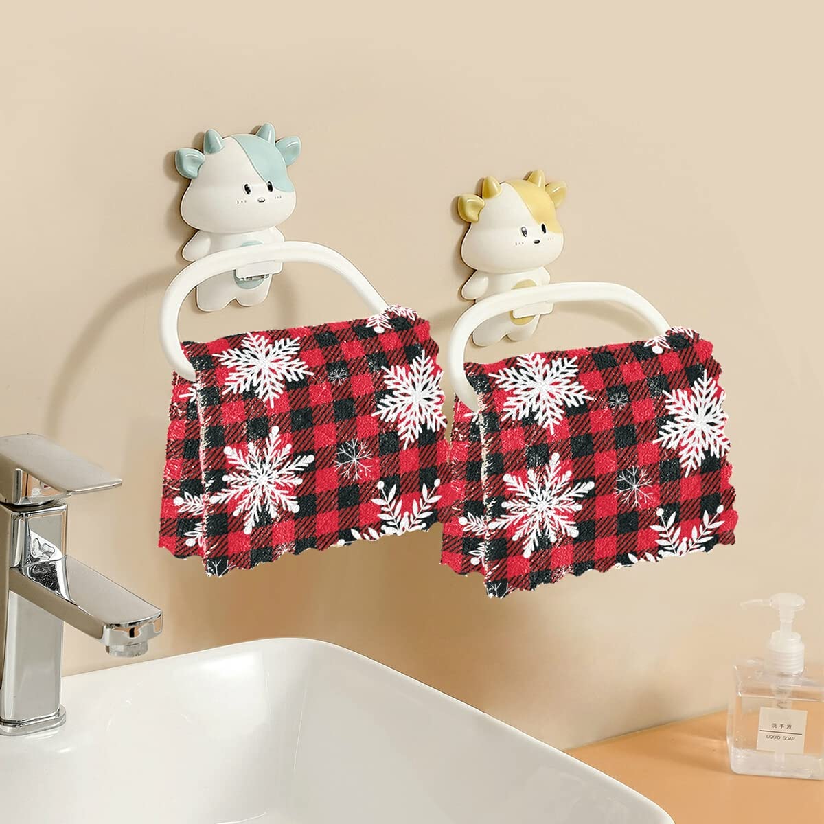 DOMIKING Snowflakes Buffalo Plaid Kitchen Towels - Set of 6 Absorbent Reusable Dish Cloths, Hand Towels for Kitchen Counter, Dish Drying, and Christmas Decor