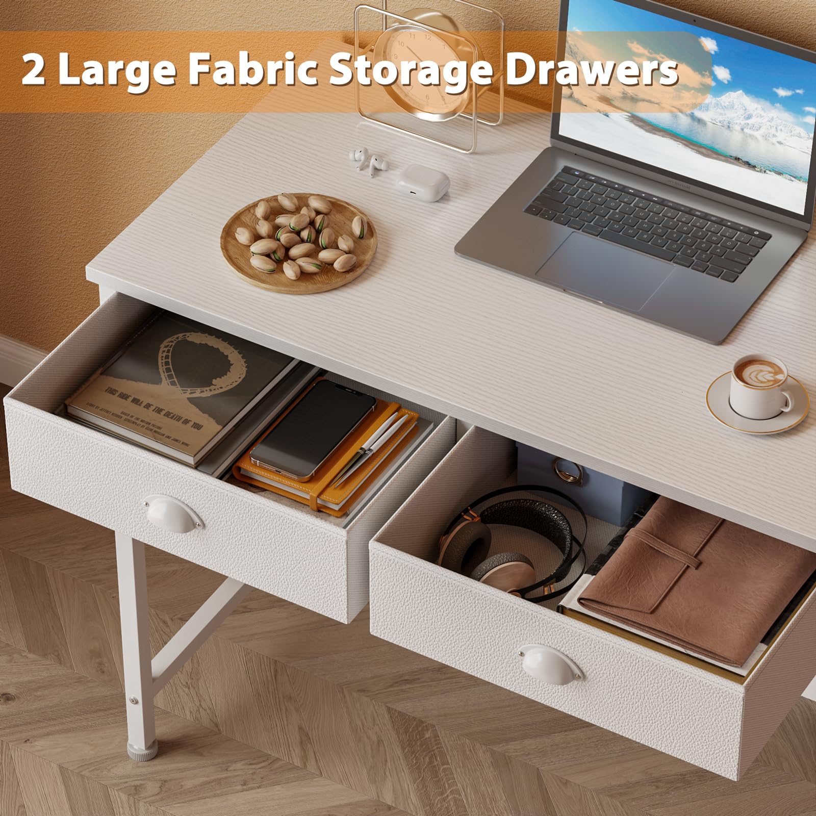 Furologee 36 Inch White Small Computer Desk with 2 Fabric Drawers - Simple Home Office Writing Desk, Vanity Desk with Hooks - Study Desk for Bedroom, Small Spaces - Perfect for Remote Work, Online Classes & Home Office Setup