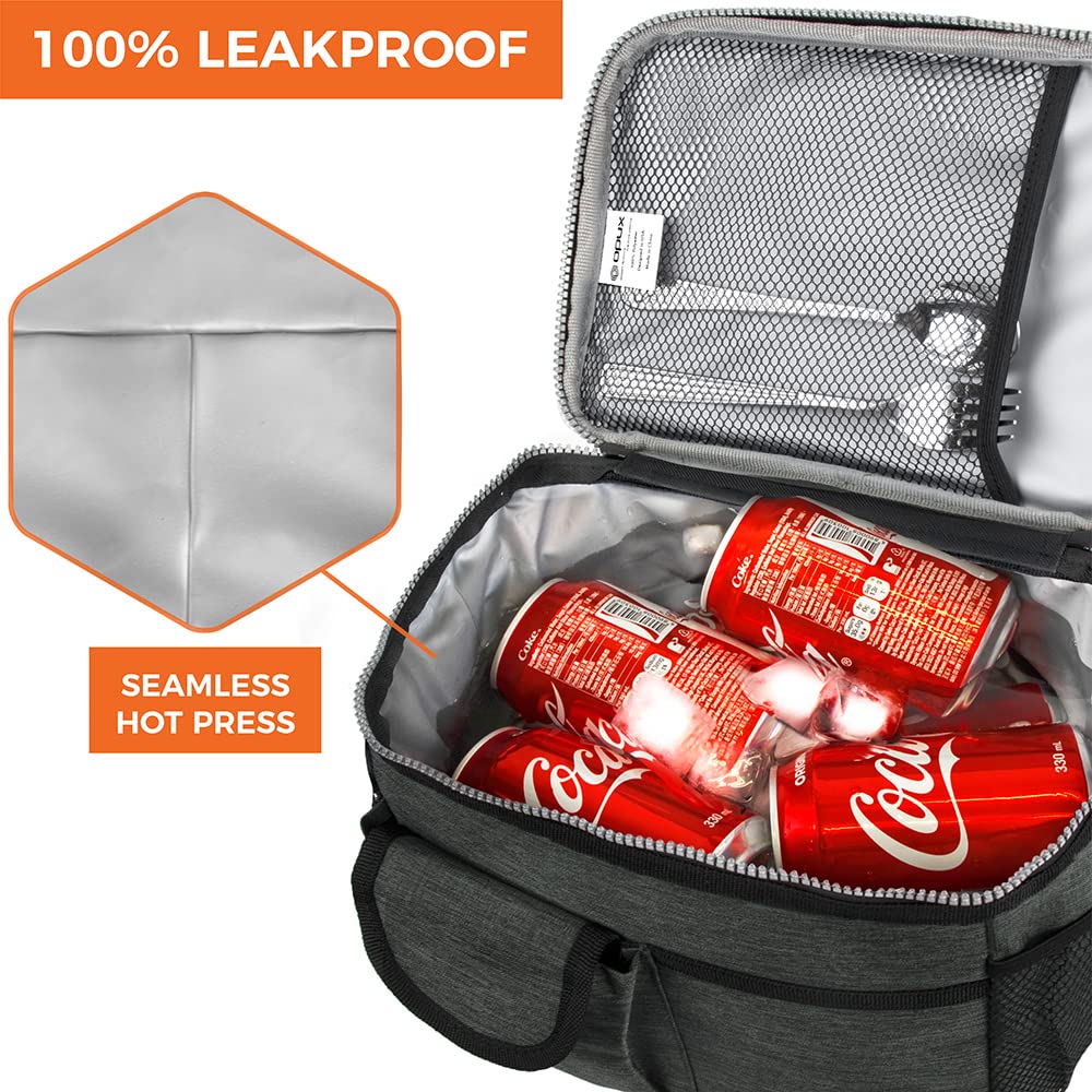 OPUX Insulated Lunch Bag for Men & Women - Leakproof Charcoal Grey Lunch Box for Work & School, Portable Soft Cooler Bag with Shoulder Strap - Fits 14 Cans/8L - Perfect for Office, Picnics & Outdoor Activities
