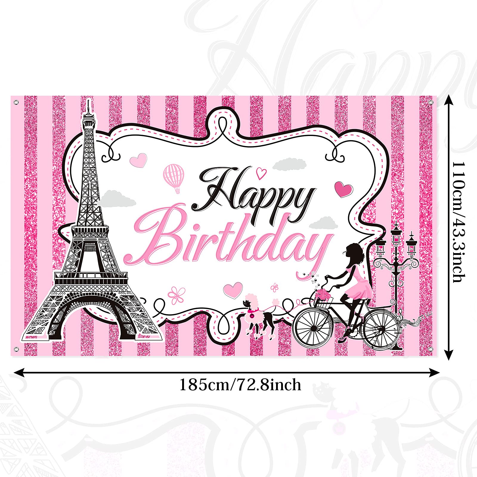 Paris Happy Birthday Backdrop - Eiffel Tower Photography Background for Paris Themed Party Decor | Sweet Pink Stripes Birthday Party Supplies | 5.9 x 3.6 ft | Perfect for Dessert Table Decorations, Baby Showers & Bridal Showers