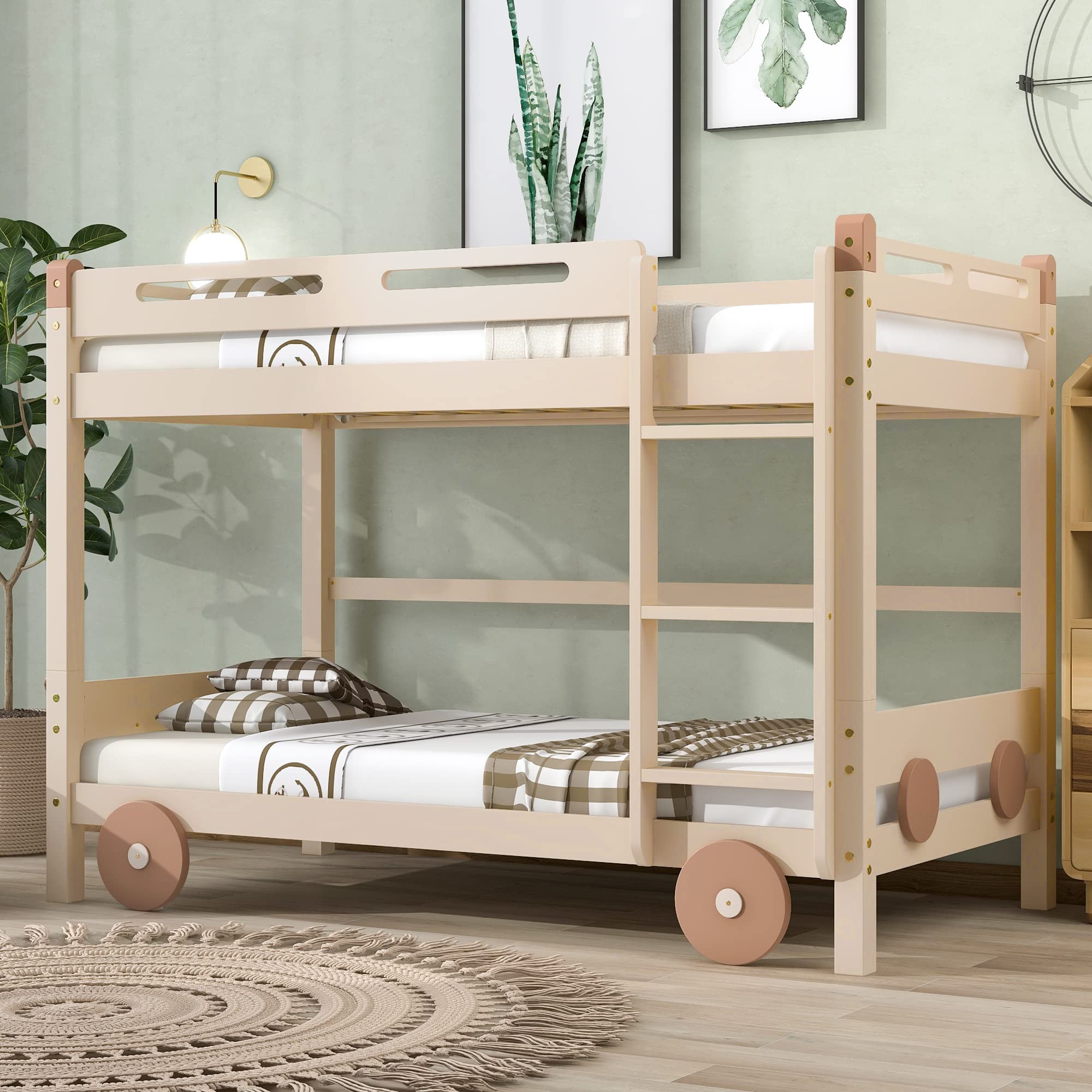 Twin Over Twin Low Car-Shaped Bunk Bed - Solid Wood Convertible Loft & Platform Bed for Kids with Decorative Wheels & Ladder, No Box Spring Needed (Natural) - Perfect for Small Bedrooms, Shared Kids' Rooms & Space-Saving Sleep Solutions