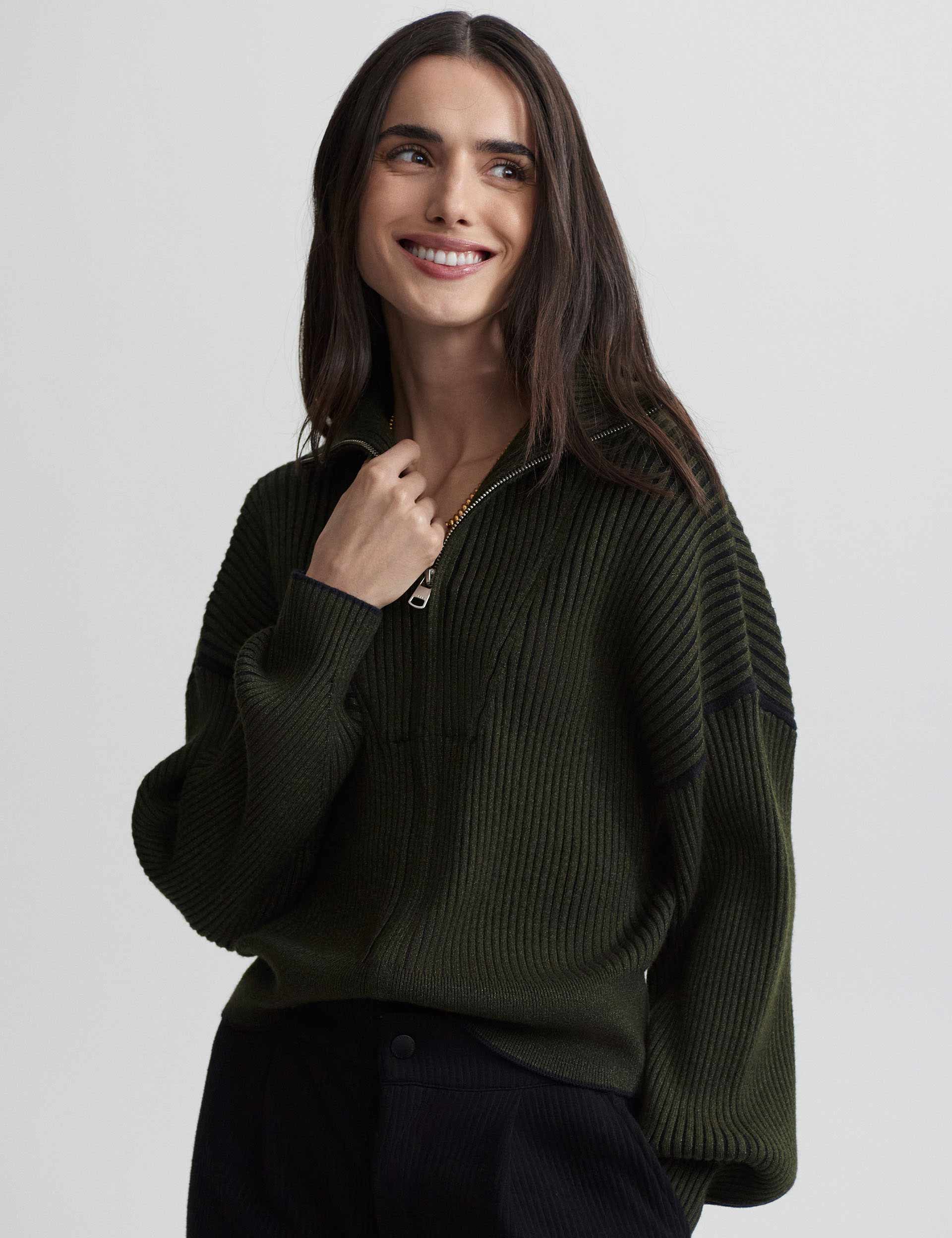 Carmen Zip Through Rib Knit Sweater - Dark Olive Green Women's Pullover for Casual Wear & Fall Fashion