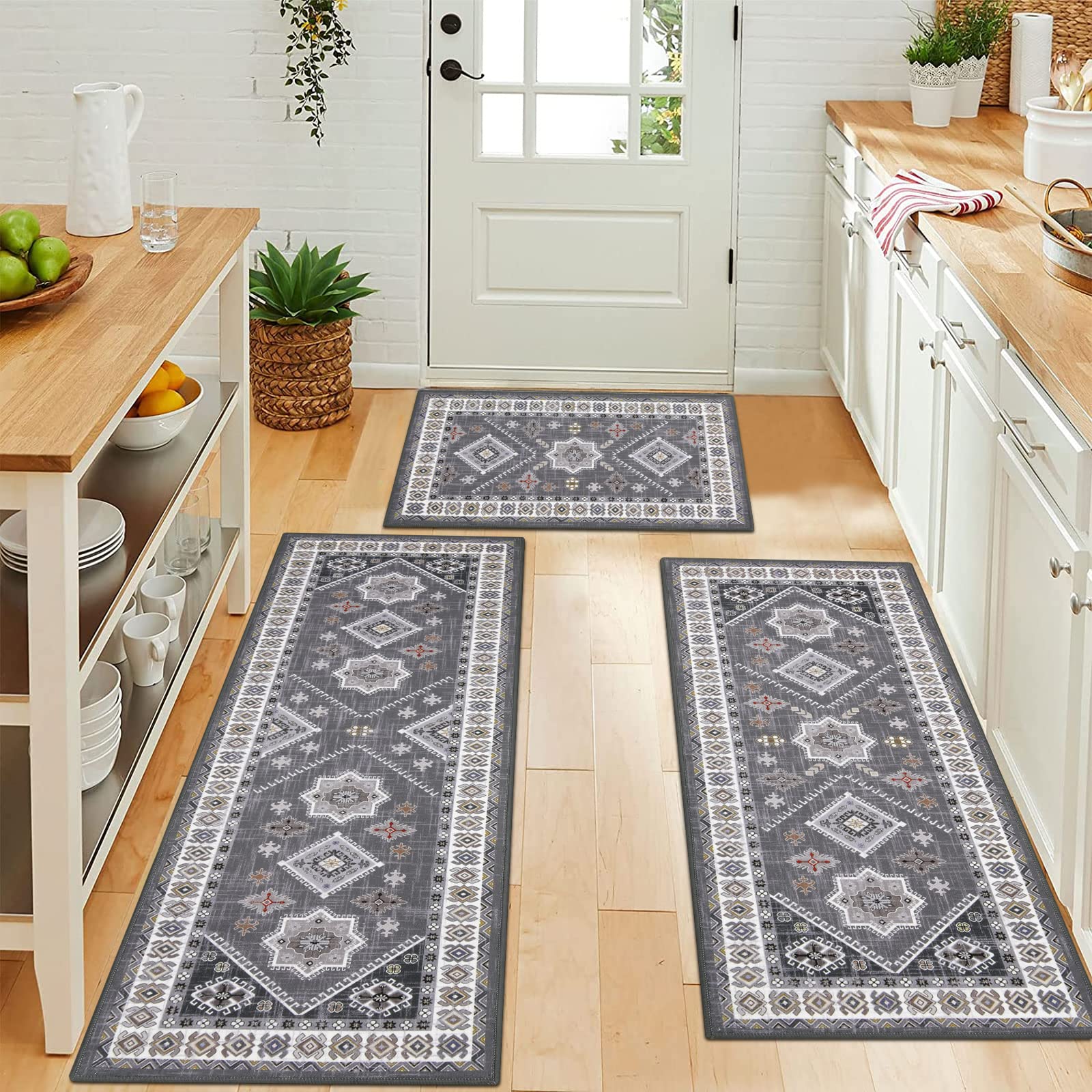 HEBE Boho Kitchen Rug Set - 3 Piece Non-Slip Washable Rugs with Runner | Thick Floor Mats for Kitchen, Hallway & Laundry Room | Perfect for Holiday Decor & Home Decorating