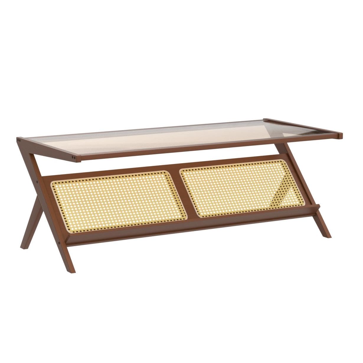 Mid-Century Modern Coffee Table with Glass Top & Rattan Storage - Brown Living Room Center Table for Home Decor, Small Space & Cozy Gatherings