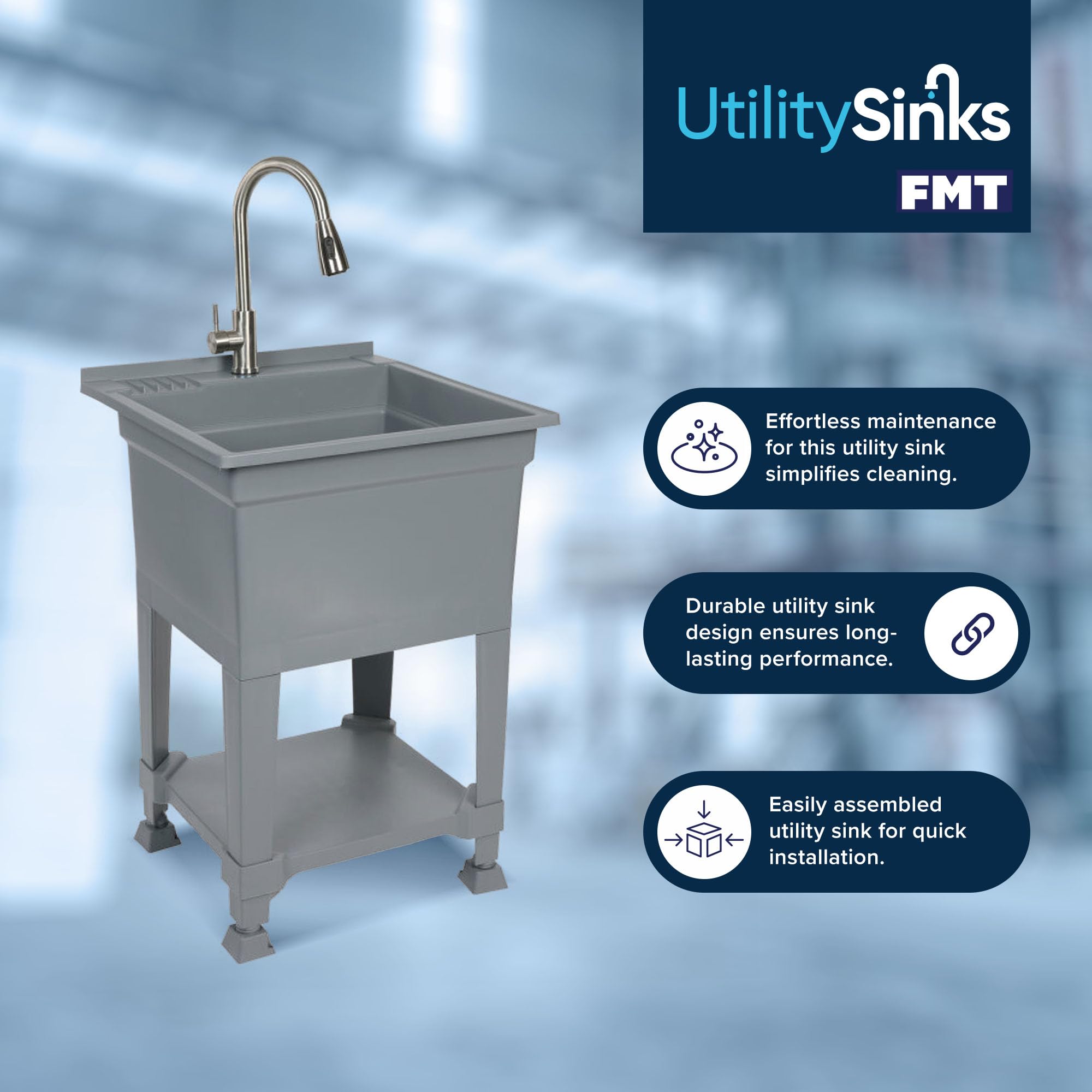 Heavy Duty 24x24 Inch Plastic Utility Sink - USA Made Freestanding Compact Laundry Tub for Workshop, Garage, Greenhouse & Pet Washing Station (Grey) - Perfect for DIY Projects, Outdoor Cleaning & Commercial Use