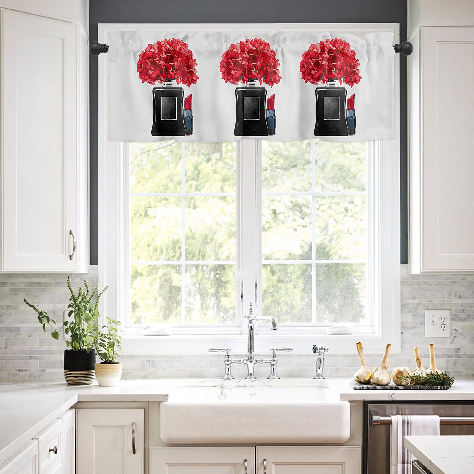 Red Floral Blackout Window Valance Curtain - 54 x 18 Inch Rod Pocket Tier Curtain Panel for Kitchen, Bedroom, Living Room & Bathroom - Perfect for Home Decor and Light Control