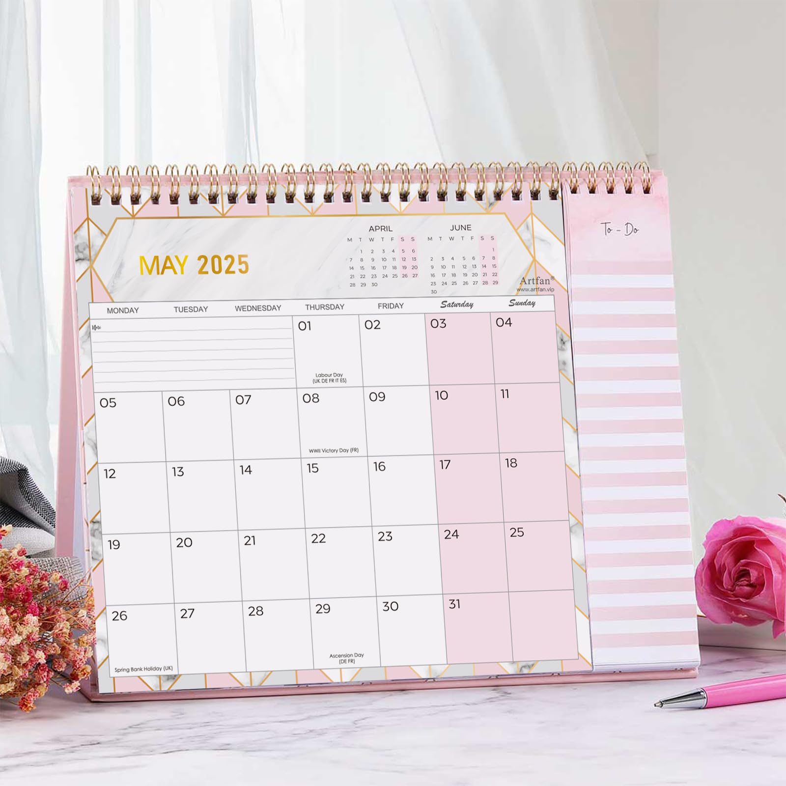 2025 Desk Calendar with To-Do List | Jan-Dec 12-Month Planner (26.7x21.8x7.8cm) | Pink Office Organizer for Home, School & Work Productivity