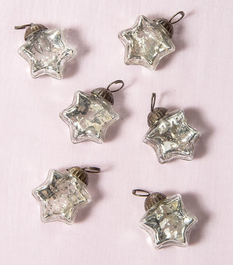 6 Pack Mini Mercury Glass Star Ornaments - 1.5 Inch Silver Vintage Christmas Tree Decorations by Imogen Design | Perfect for Holiday Home Decor, Gift Giving & Festive Party Scenes