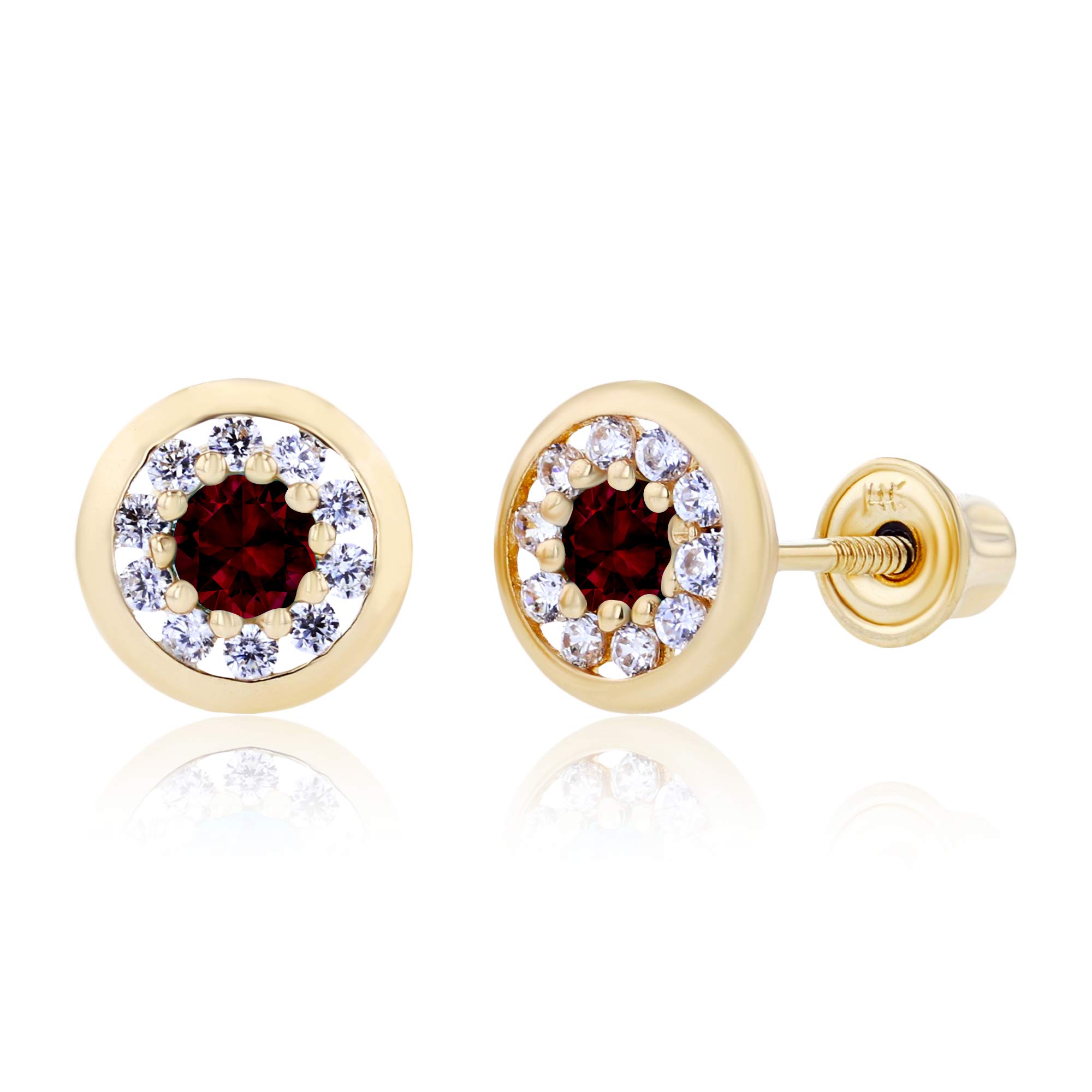 14K Solid Gold 6mm Round Birthstone Stud Earrings for Women - Natural Gemstone Screw Back Earrings with 1mm White Sapphire Pavé Circle | Perfect for Everyday Wear, Gift Giving & Special Occasions
