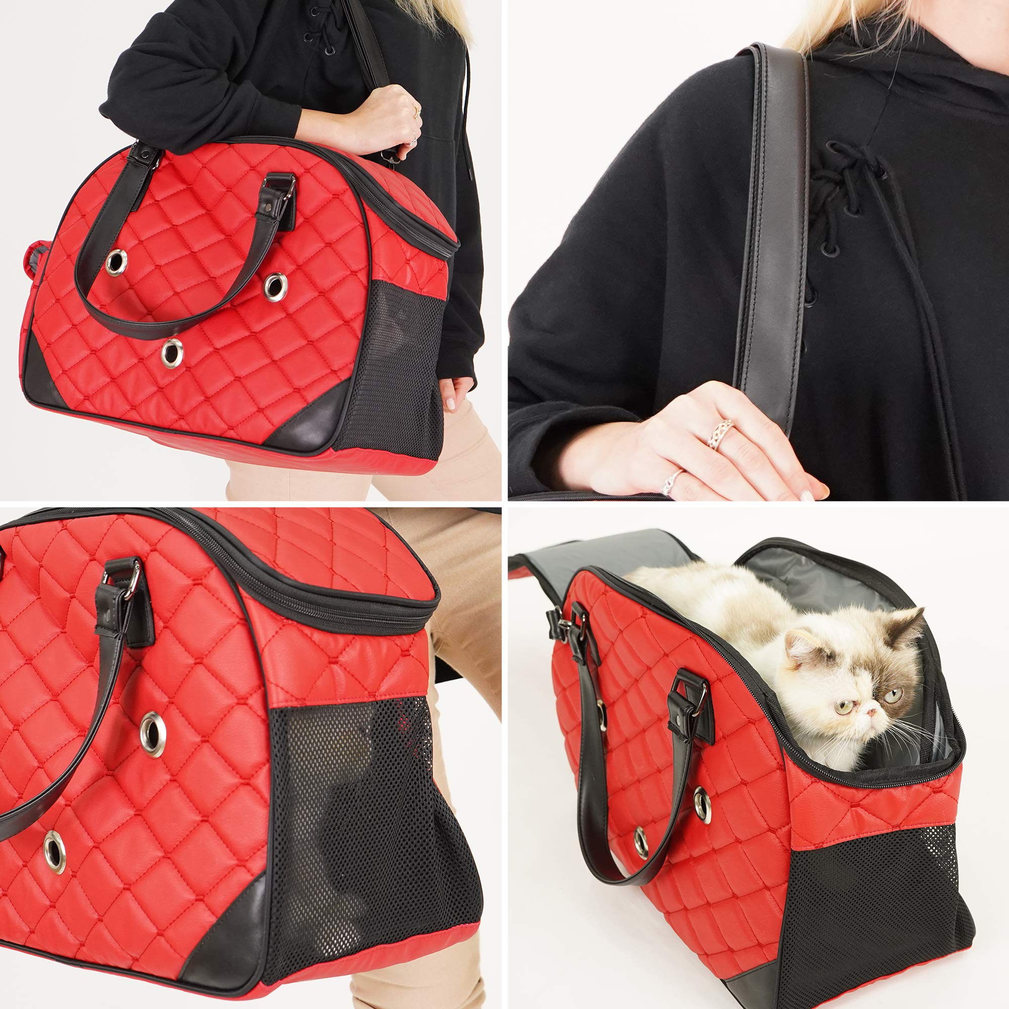 SUSSEXHOME Waterproof Faux Leather Pet Carrier for Small Dogs & Cats - 17.3 x 8.25 x 10.6 Inch Travel Tote Bag with Double Strap - Airplane, Car & Vet Visits - Red