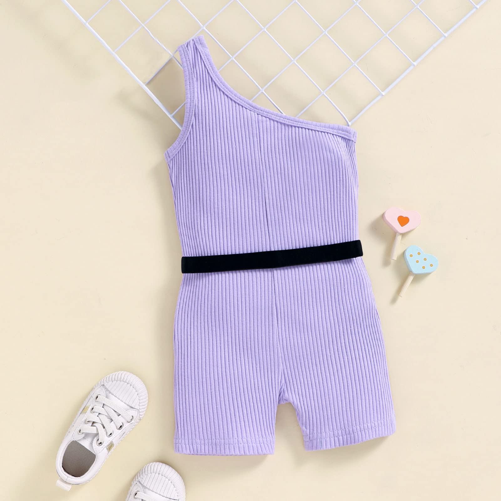 Baby Girl Romper Summer Outfit - Sleeveless Ribbed Off-Shoulder Jumpsuit with Adjustable Waist Belt (6-24 Months) | Perfect for Beach, Park & Family Photos