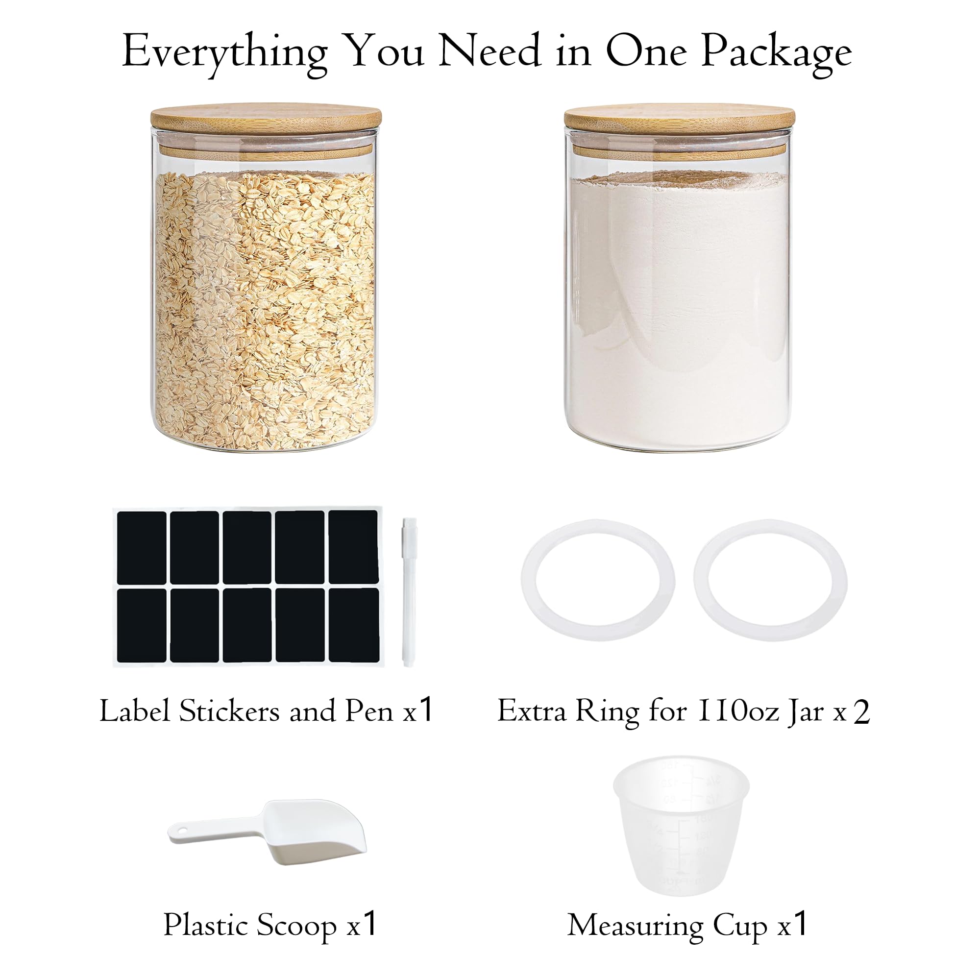 Premium Glass Storage Jars Set with Airtight Bamboo Lids - 2 Pack (111oz) Kitchen Canisters for Flour, Rice, Pasta, Sugar & Coffee Beans | Elegant Food Containers for Pantry Organization & Home Decor