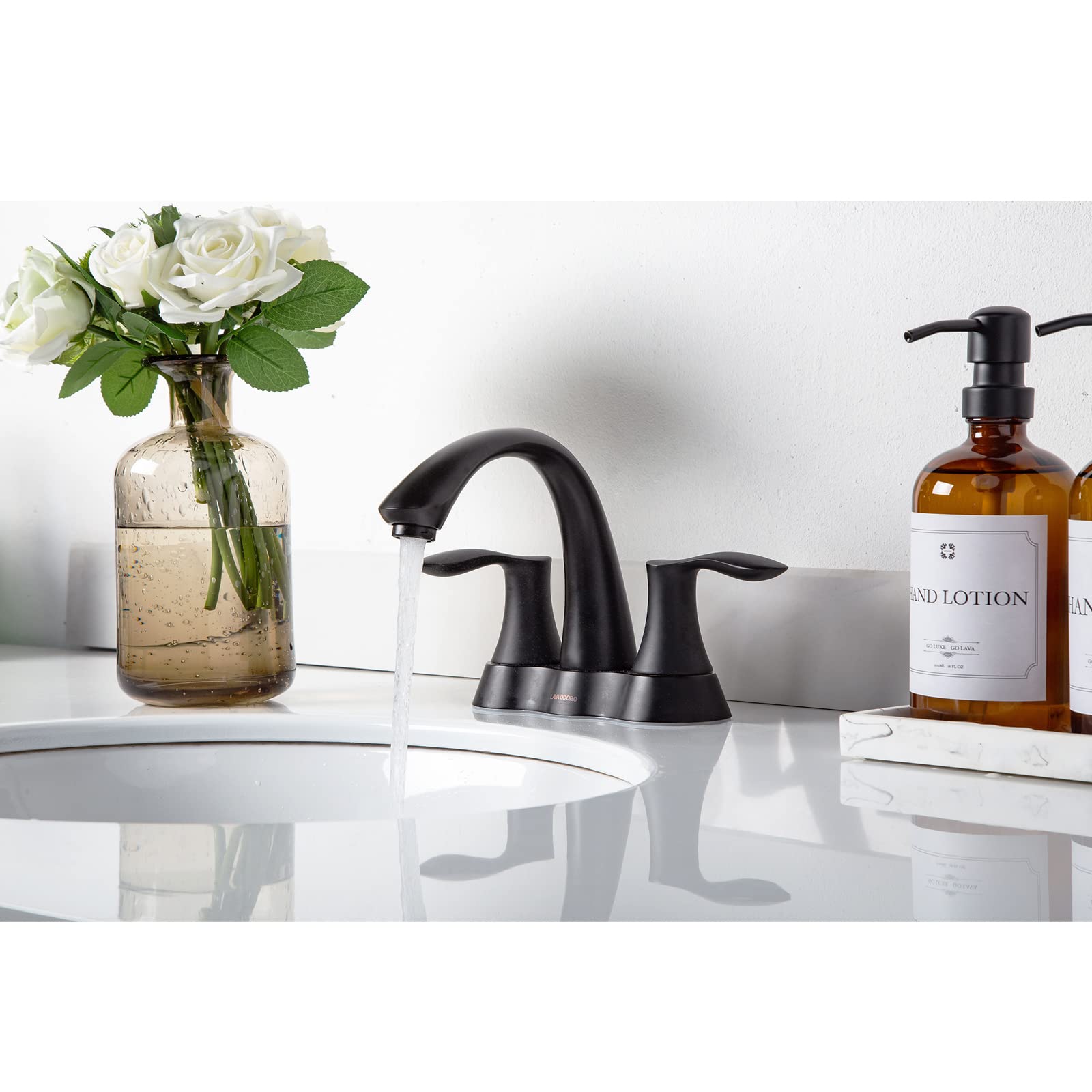 Matte Black Bathroom Faucet - Lava Odoro 4 Inch Centerset Bathroom Sink Faucet with 2 Handles & Pop-Up Drain Assembly - Perfect for Vanity & Powder Room Renovations