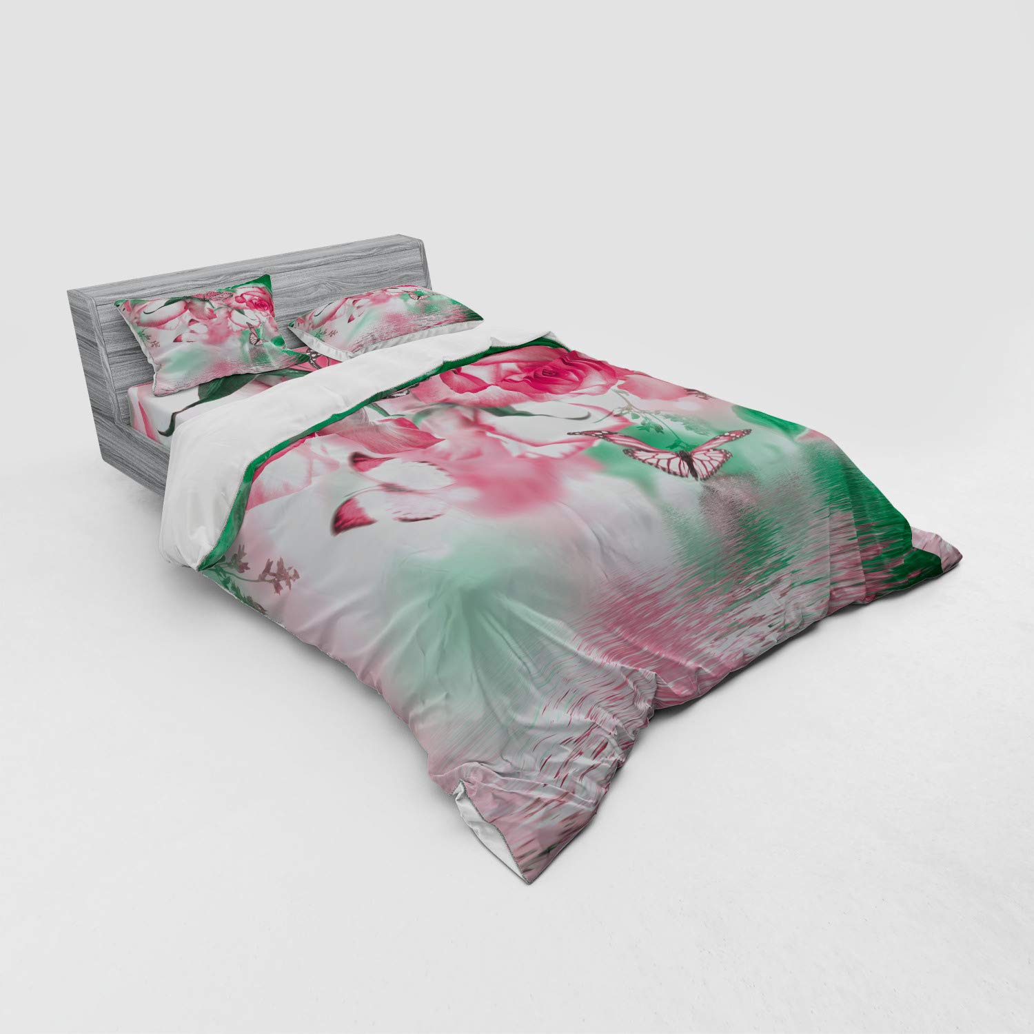 Ambesonne Spring Duvet Cover Set - Queen Size 4-Piece Bedding with Rose Petals & Butterfly Design | Jade Green & Pale Pink Floral Pattern | Includes Shams & Fitted Sheet | Perfect for Spring Bedroom Decor, Guest Room Makeover & Romantic Retreat