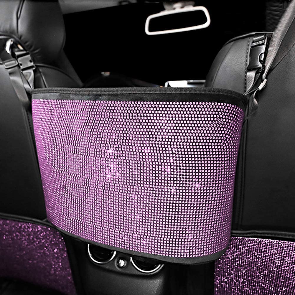 Elegant Car Organizers & Handbag Holder with Shiny Diamonds - Pink Car Seat Net Organizer for Women, Dog Barrier & Kids Safety - Perfect for SUVs, Sedans and Road Trips