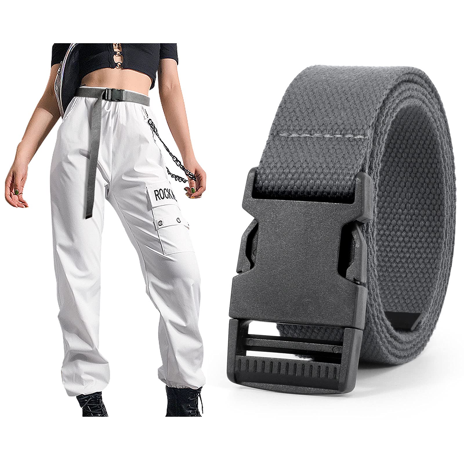 Women's Canvas Long Belt with Black Buckle - Hip Hop Streetwear Style Adjustable Cargo Belt for Jeans, Dresses & Pants | Perfect for Casual Outfits, Urban Fashion & Everyday Wear