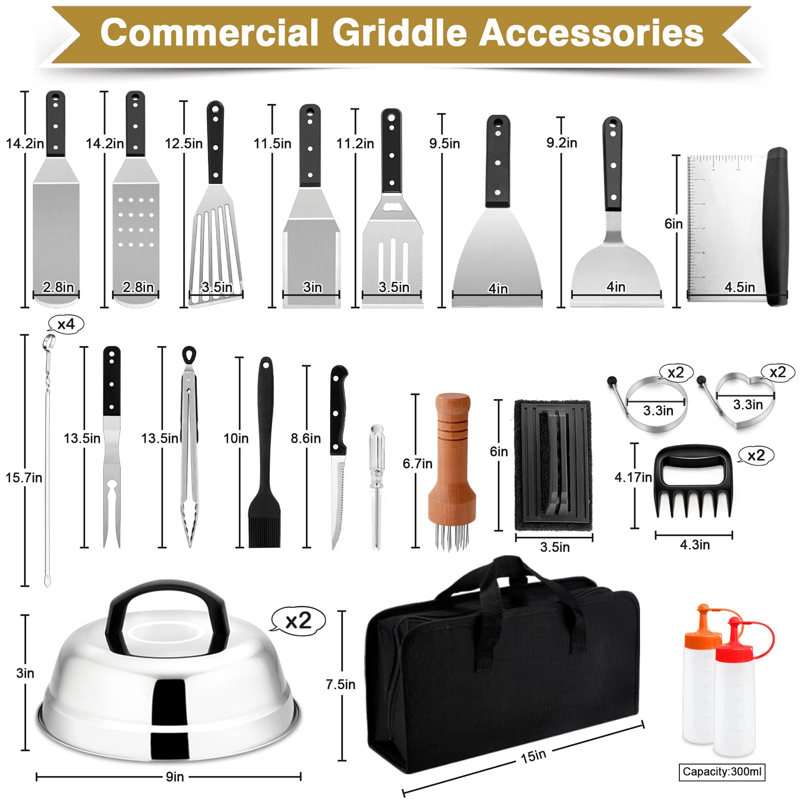 30Pcs Griddle Accessories Kit - Joyfair Flattop Grill Spatula Set with Melting Dome for Outdoor Camping BBQ | Stainless Steel Turner, Scraper, Meat Tenderizer & Carry Bag | Dishwasher Safe | Perfect for Backyard Grilling, Tailgating & Picnic Cooking