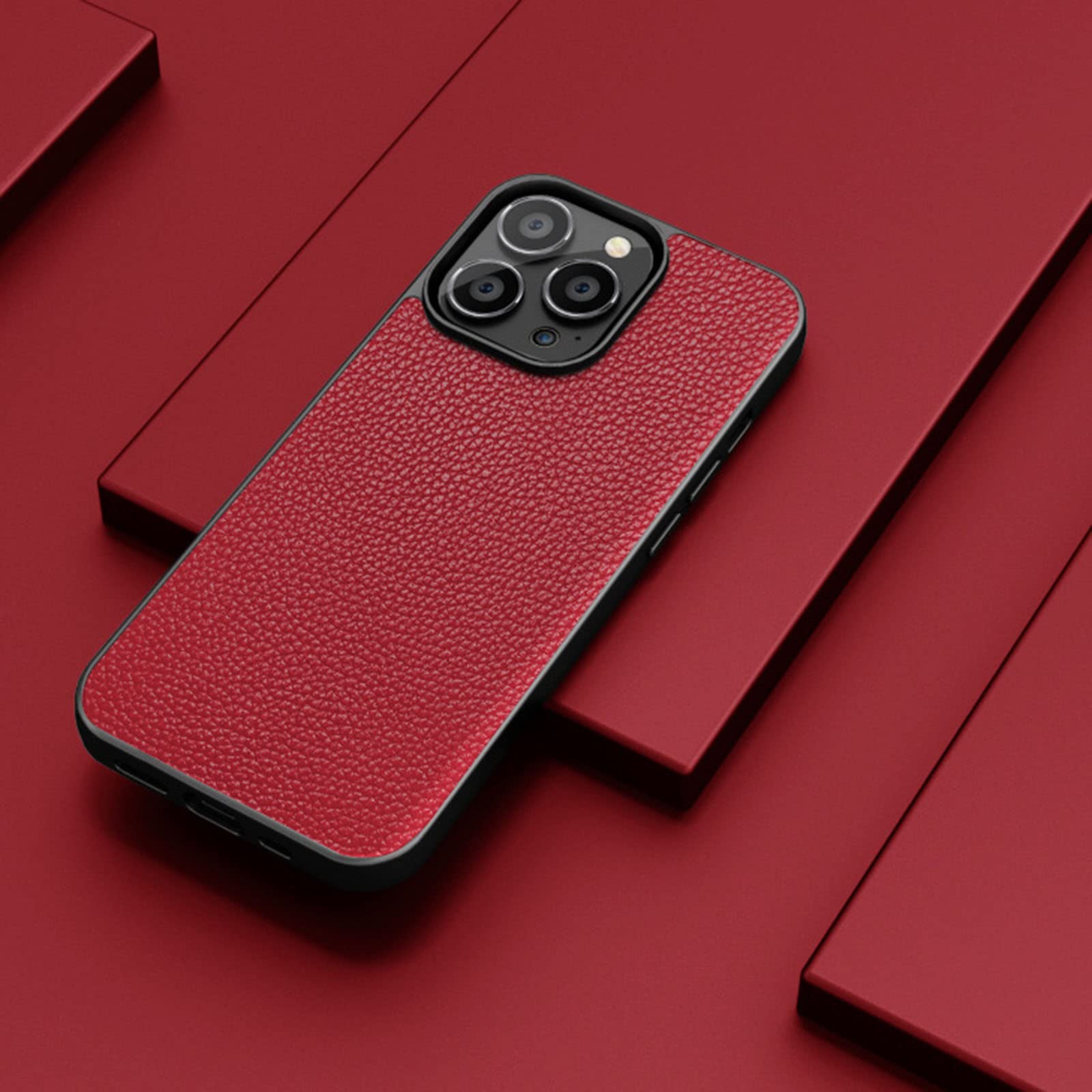 Premium Genuine Leather iPhone 14/14 Plus/14 Pro/14 Pro Max Case - Slim Fit Shockproof Business Phone Cover (Red) - Perfect for Office Professionals & Daily Protection