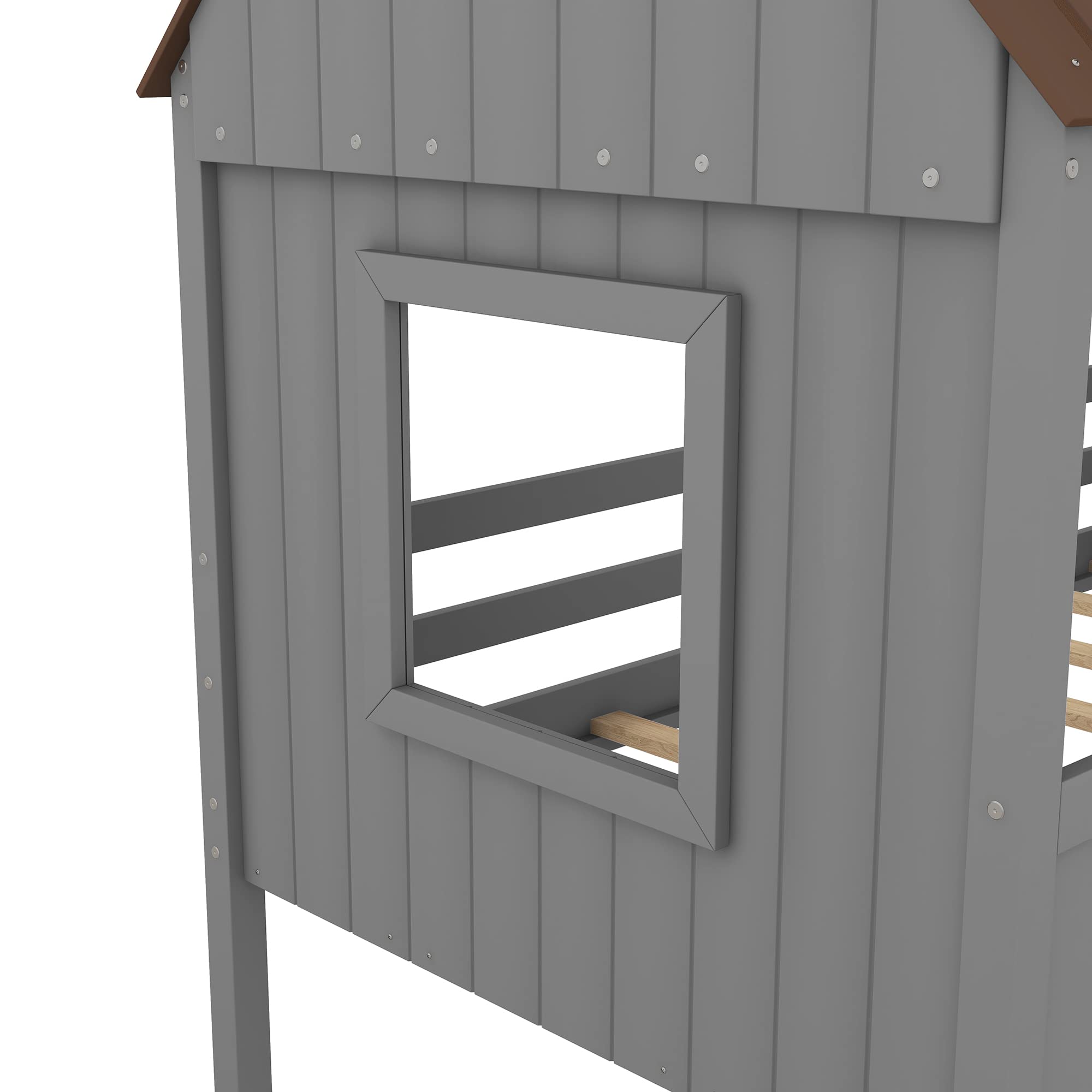 Twin House Bed for Kids - Wooden Low Loft Bed Frame with Windows & Roof - Easy Assembly - Gray & Brown - Perfect for Small Bedrooms & Playrooms - Ideal for Boys & Girls Bedroom Decor