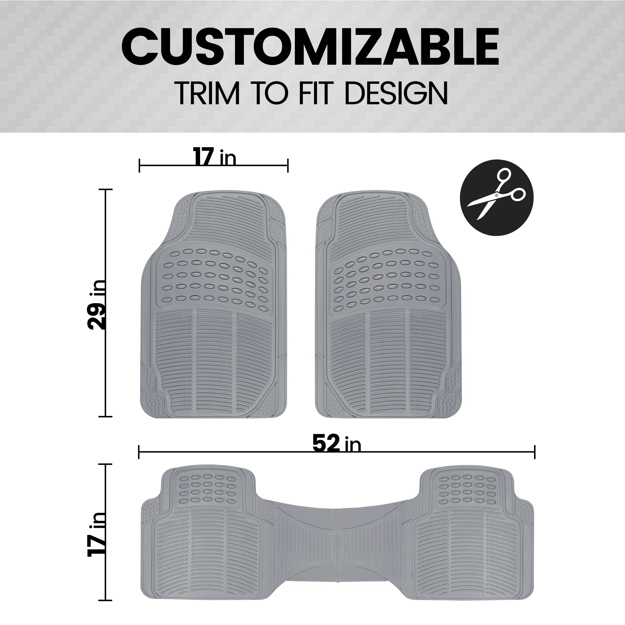 BDK Original ProLiner 3-Piece Heavy Duty Rubber Floor Mats for Cars, SUVs, Vans & Trucks - All Weather Protection, Universal Fit, Gray | Perfect for Muddy Boots, Snowy Days & Off-Road Adventures