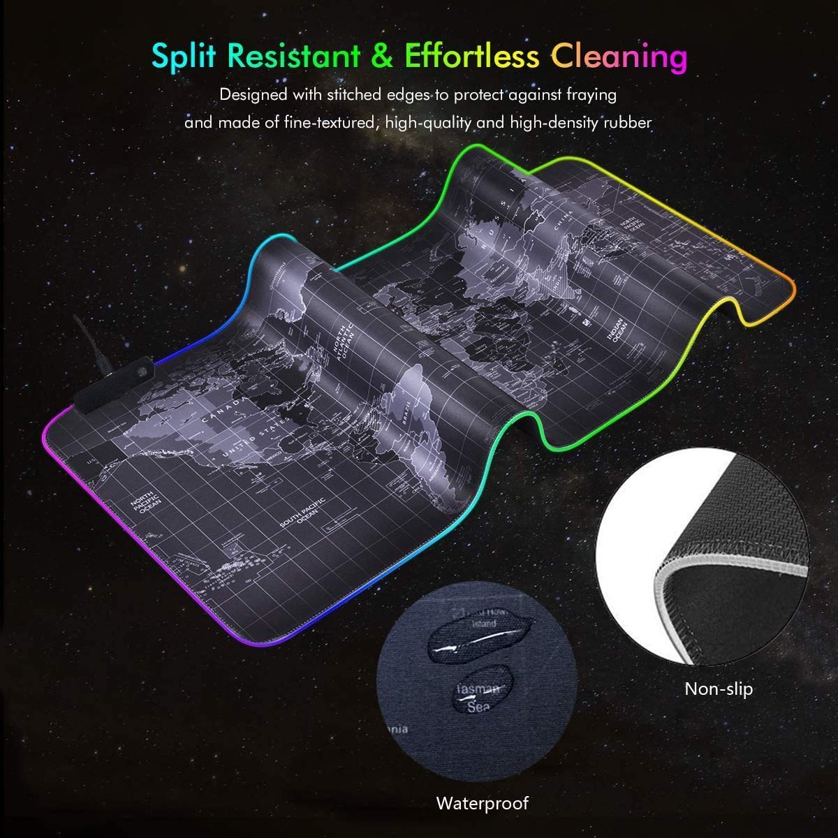 RGB Gaming Mouse Pad with LED World Map Design - Extra Large 31.5x11.8 Inch Non-Slip Rubber Base, Waterproof Keyboard & Mouse Mat for PC Gamers - Perfect for Gaming Setups & Office Workstations