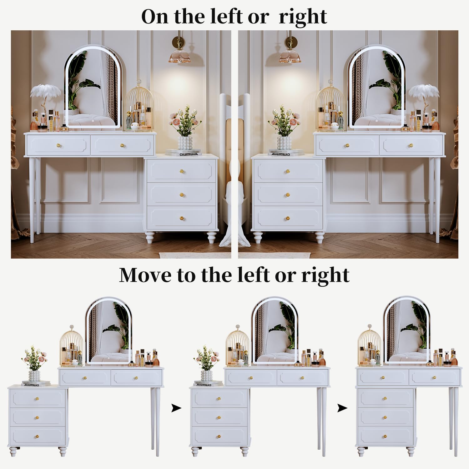 YYJ Vanity Desk with Mirror & LED Lights, Modern Makeup Table with Power Outlet, Adjustable Storage Cabinet & 3 Drawers - White Writing Desk for Bedroom, Dressing Room or Home Office